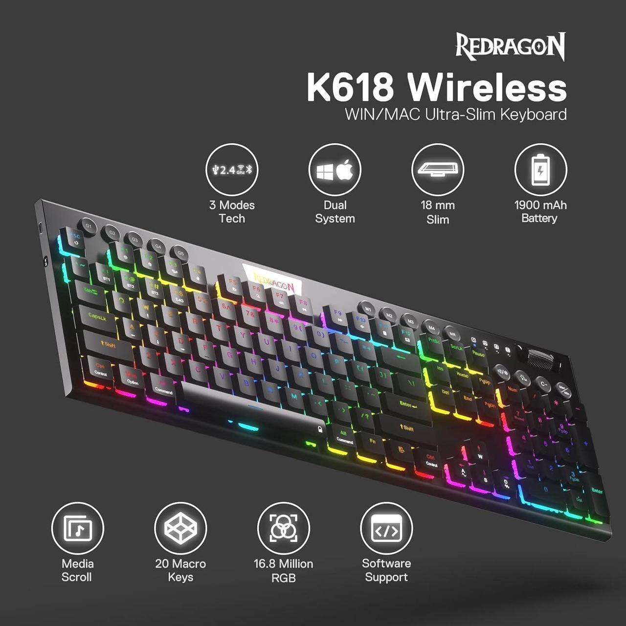 Alt view image 6 of 7 - Redragon K618 PRO 3-Mode Wireless RGB Mechanical Keyboard, BT/2.4Ghz/Wired Low Profile Win/Mac Gaming Keyboard w/Ultra-Thin Design, Dedicated Media Control & Tactile Blue Switch
