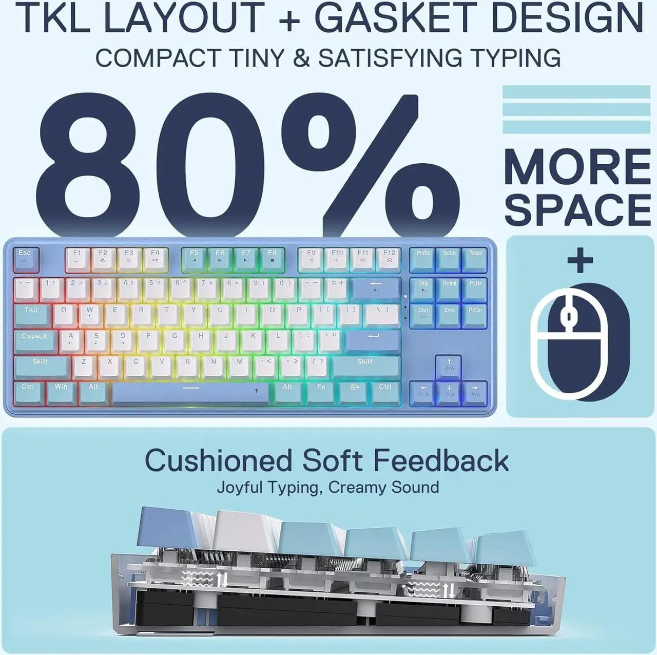 Alt view image 2 of 7 - Redragon K707 80% Wired Gasket RGB Gaming Keyboard, 3-Modes 87 Keys TKL Mechanical Keyboard w/Hot-Swap Socket, Mixed Color Keycaps & 4-Layer Noise Dampening, Custom Linear Switch
