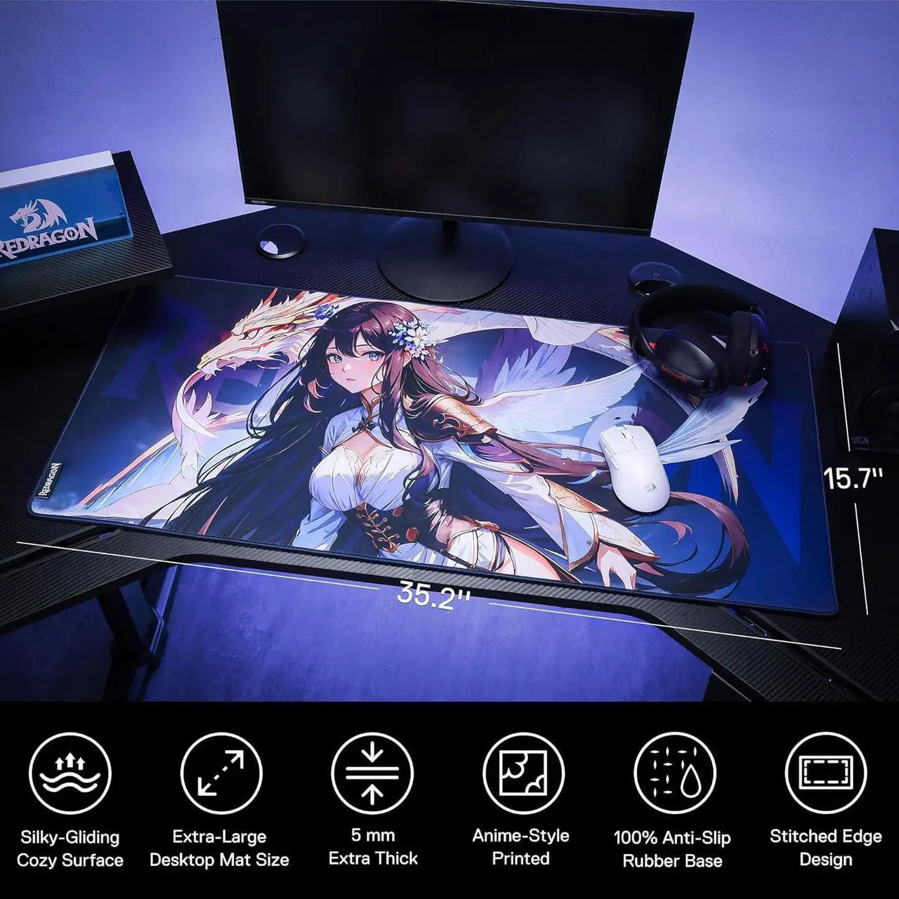 Alt view image 4 of 6 - Redragon P046L Anime Gaming Mouse Pad - Smooth Lycra Surface, Anti-Slip Rubber Base, Spill-Resistant, Durable 5mm Thick Design, 35 x 16 inches, Dark Blue
