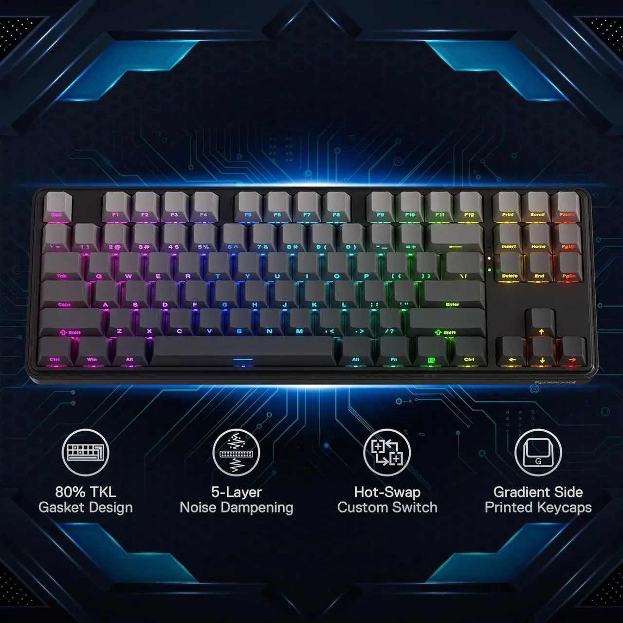 Alt view image 6 of 7 - Redragon K707 PRO GB 80% Gasket RGB Gaming Keyboard, 3-Modes Wireless TKL Mechanical Keyboard w/Hot-Swap South-Facing LEDs Socket, PBT Gradient Keycaps & 5-Layer Noise Dampening, Custom Linear Switch