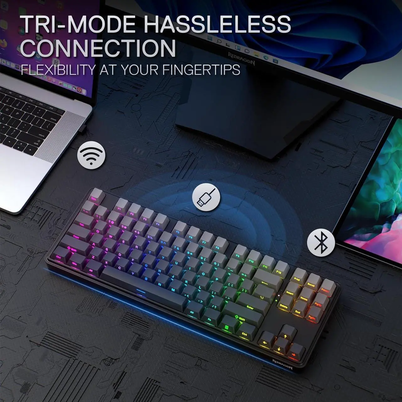 Alt view image 2 of 7 - Redragon K707 PRO GB 80% Gasket RGB Gaming Keyboard, 3-Modes Wireless TKL Mechanical Keyboard w/Hot-Swap South-Facing LEDs Socket, PBT Gradient Keycaps & 5-Layer Noise Dampening, Custom Linear Switch