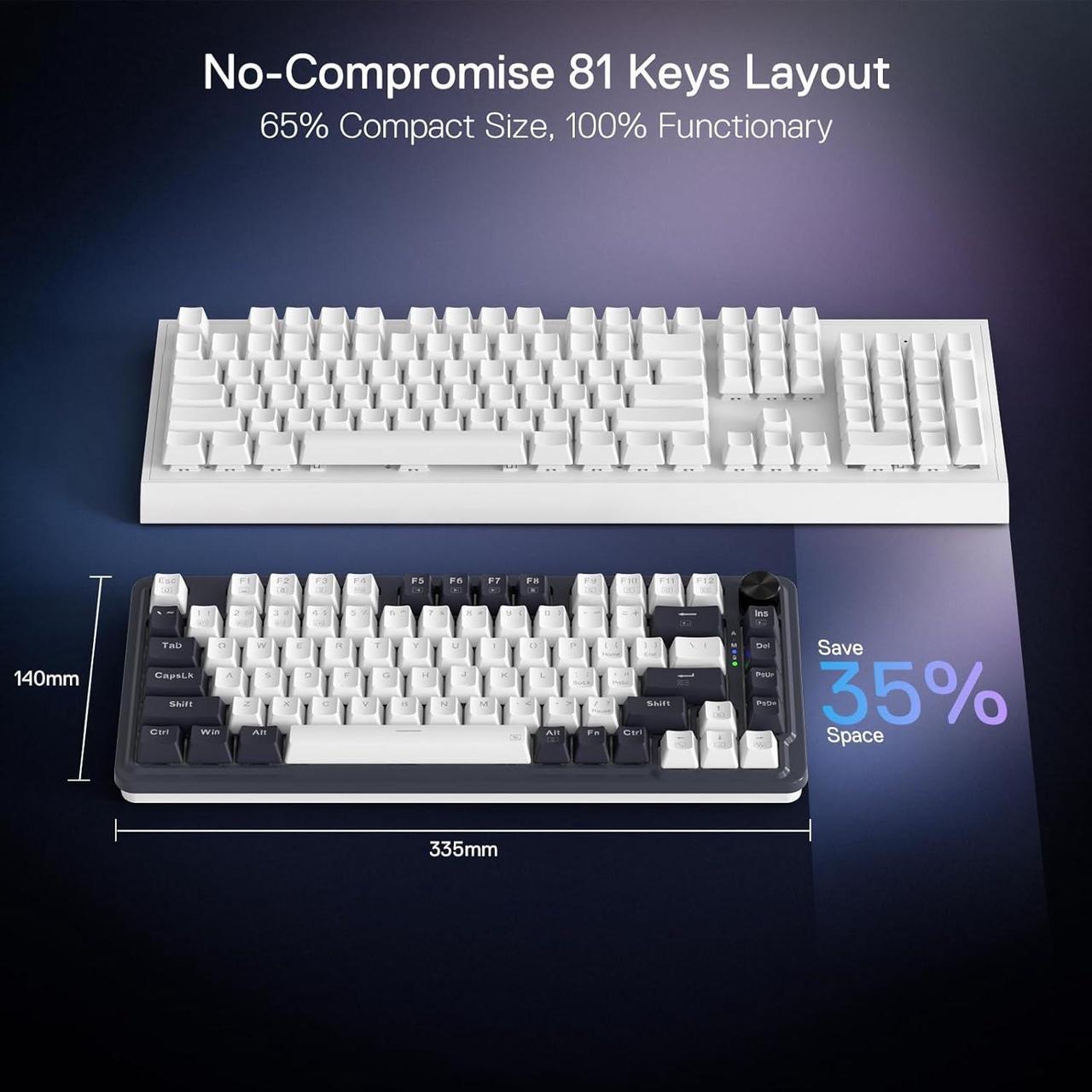 Alt view image 3 of 7 - Redragon K673 PRO 75% Wireless Gasket RGB Gaming Keyboard, 3-Modes 81 Keys Compact Mechanical Keyboard Hot-Swap Socket, Dedicated Knob Control and Sound Absorbing Pads, Linear Red Switch