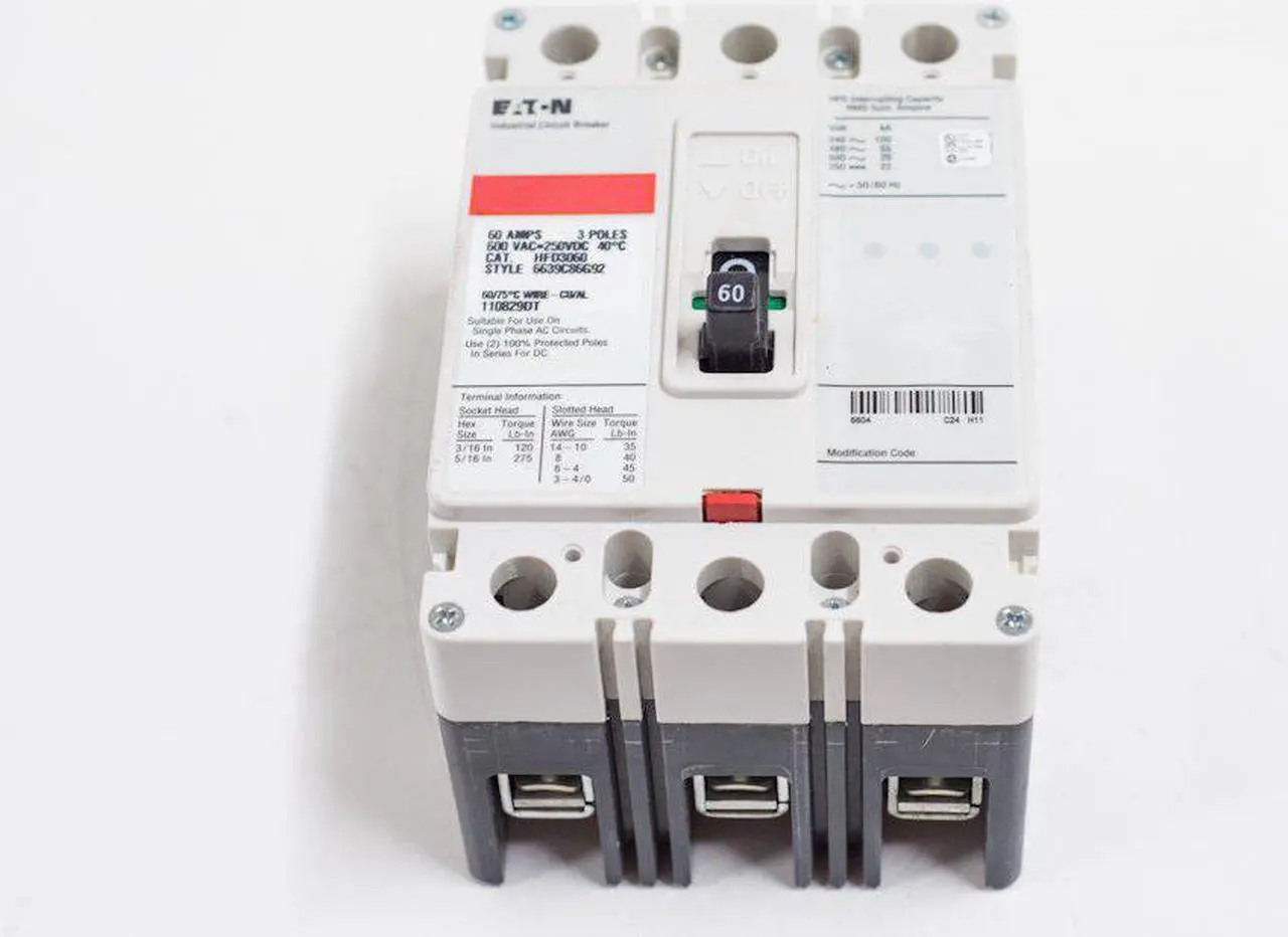 Alt view image 3 of 4 - Eaton HFD3060 Panel Mount Type HFD Molded Case Circuit Breaker 3-Pole 60-Amp 600-Volt AC 250-Volt DC