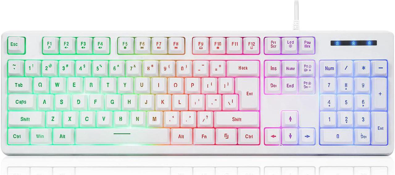 CQ104 Gaming Keyboard USB Wired with Rainbow LED Backlit, Quiet Floating Keys, Mechanical Feeling, Spill Resistant, Ergonomic for Xbox, PS Series, Desktop, Computer, PC(White)