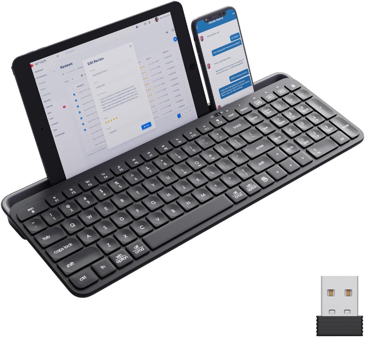 Multi-Device Bluetooth Keyboard, Dual Mode (Bluetooth + 2.4G) Wireless Keyboard with Integrated Stand Holder Connect Up to 3 Devices with Android IOS Windows for Tablet Smartphone Laptop PC (Black)