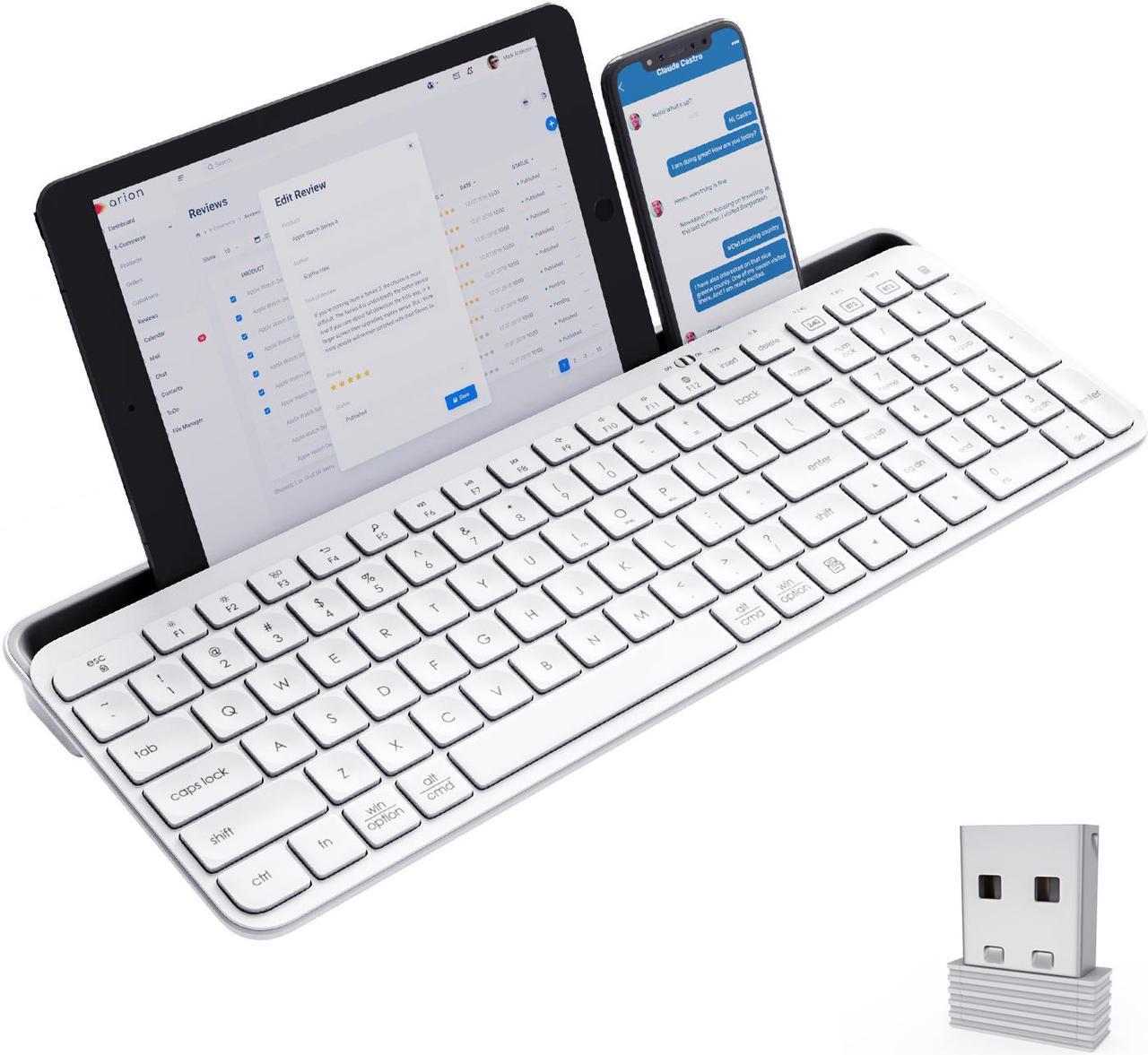 Multi-Device Bluetooth Keyboard, Dual Mode (Bluetooth + 2.4G) Wireless Keyboard with Integrated Stand Holder Connect Up to 3 Devices with Android IOS Windows for Tablet Smartphone Laptop PC (White)