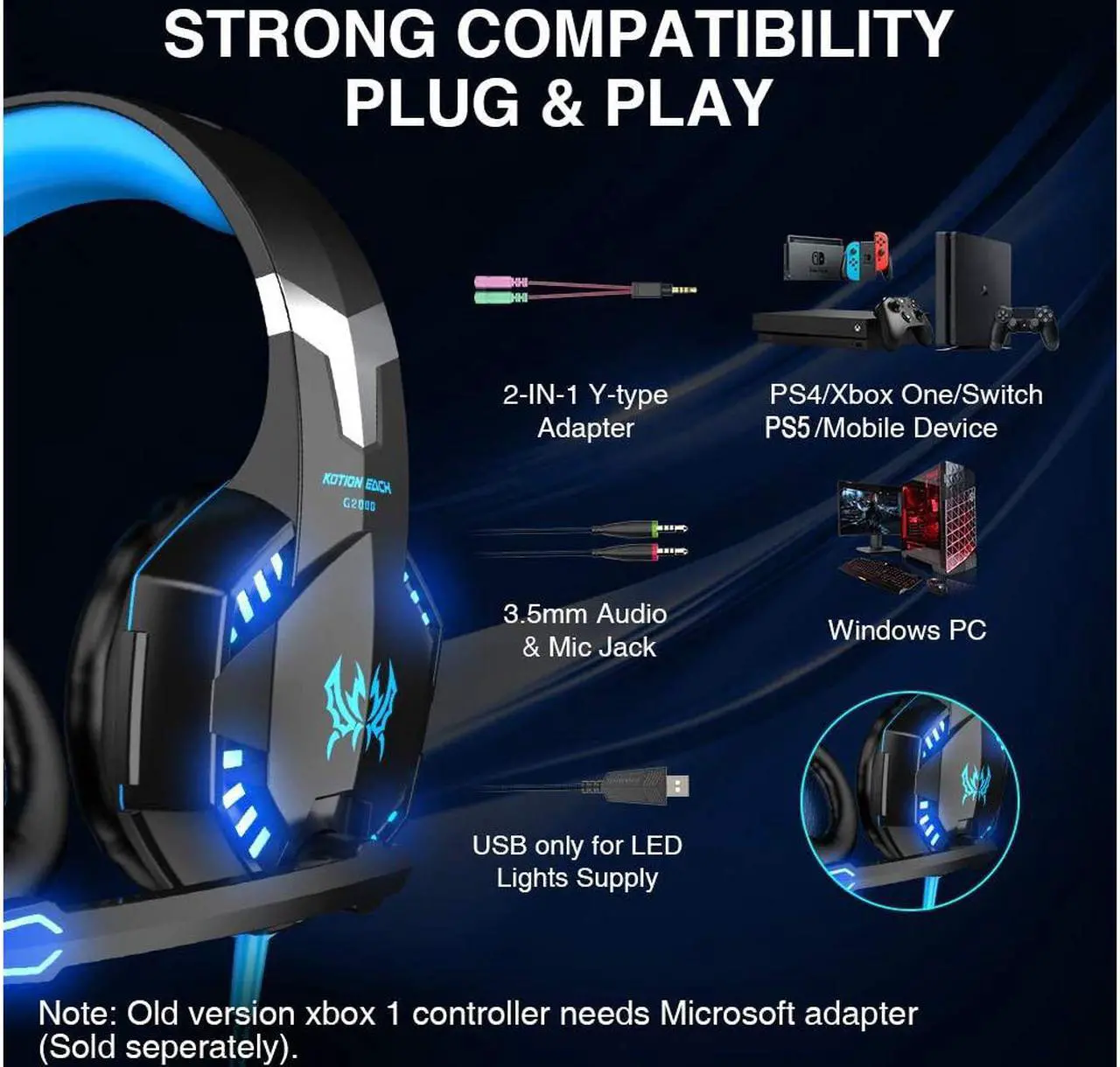 Alt view image 3 of 7 - G2000 Gaming Headset, Surround Stereo Gaming Headphones with Noise Cancelling Mic, LED Lights & Soft Memory Earmuffs for PS5, PS4, Xbox One, Nintendo Switch, PC Mac Computer Games
