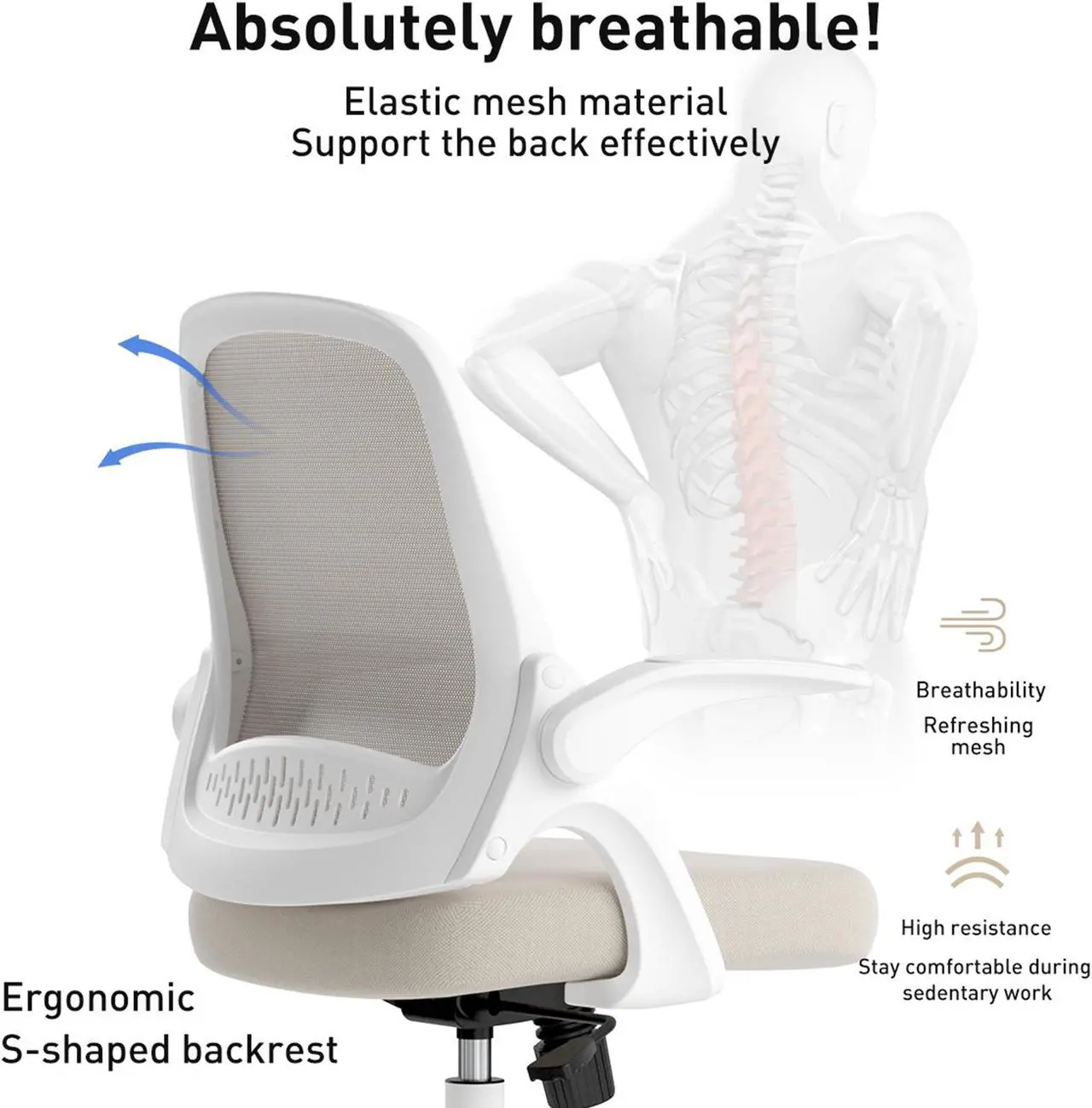 Alt view image 5 of 7 - Hbada Office Task Desk Chair Swivel Home Comfort Chairs with Flip-up Arms and Adjustable Height, Grey