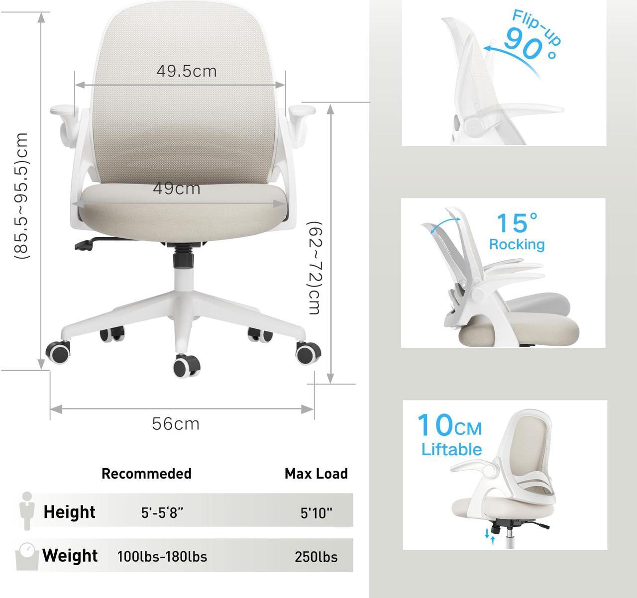 Alt view image 4 of 7 - Hbada Home Office Chair, Ergonomic Desk Chair with Adjustable Height,Flip-Up Armrests,Rocking Chair with Lumbar Support, Soft Cushion, Swivel Task Chair, Black Gray