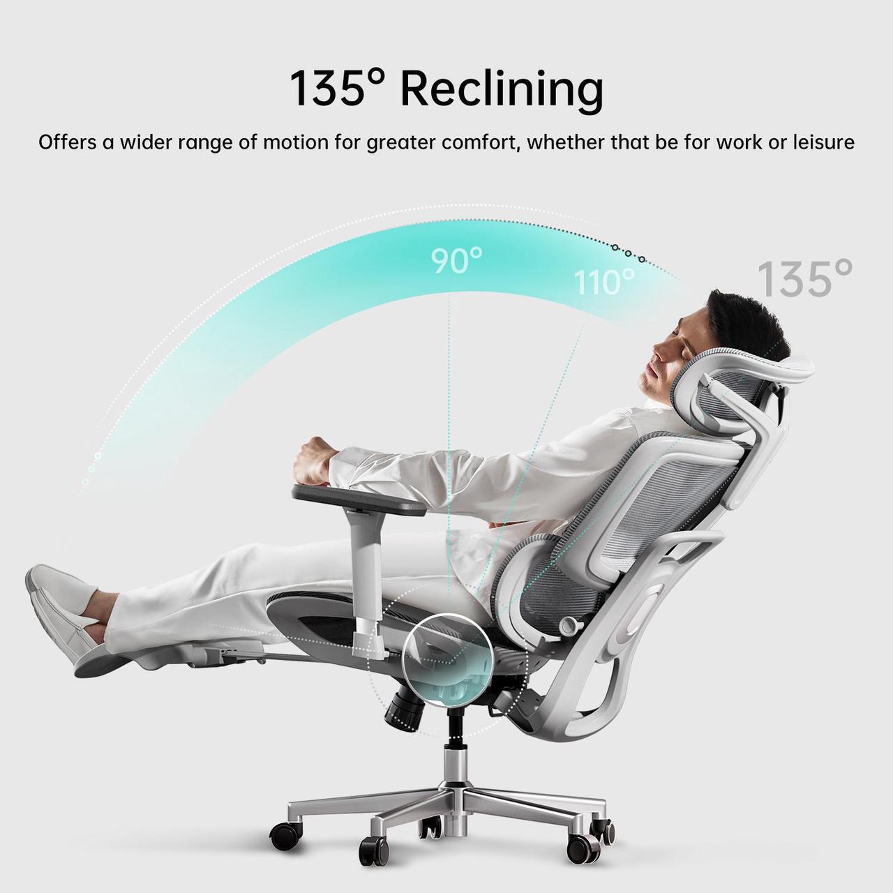 Alt view image 6 of 7 - Hbada Ergonomic Office Chair, Adjustable Lumbar Support High Back for Computer Chair, Large Angle Tilt Back, 3D Adjustable Armrests & Headrest, Mesh Computer Desk Chair, White
