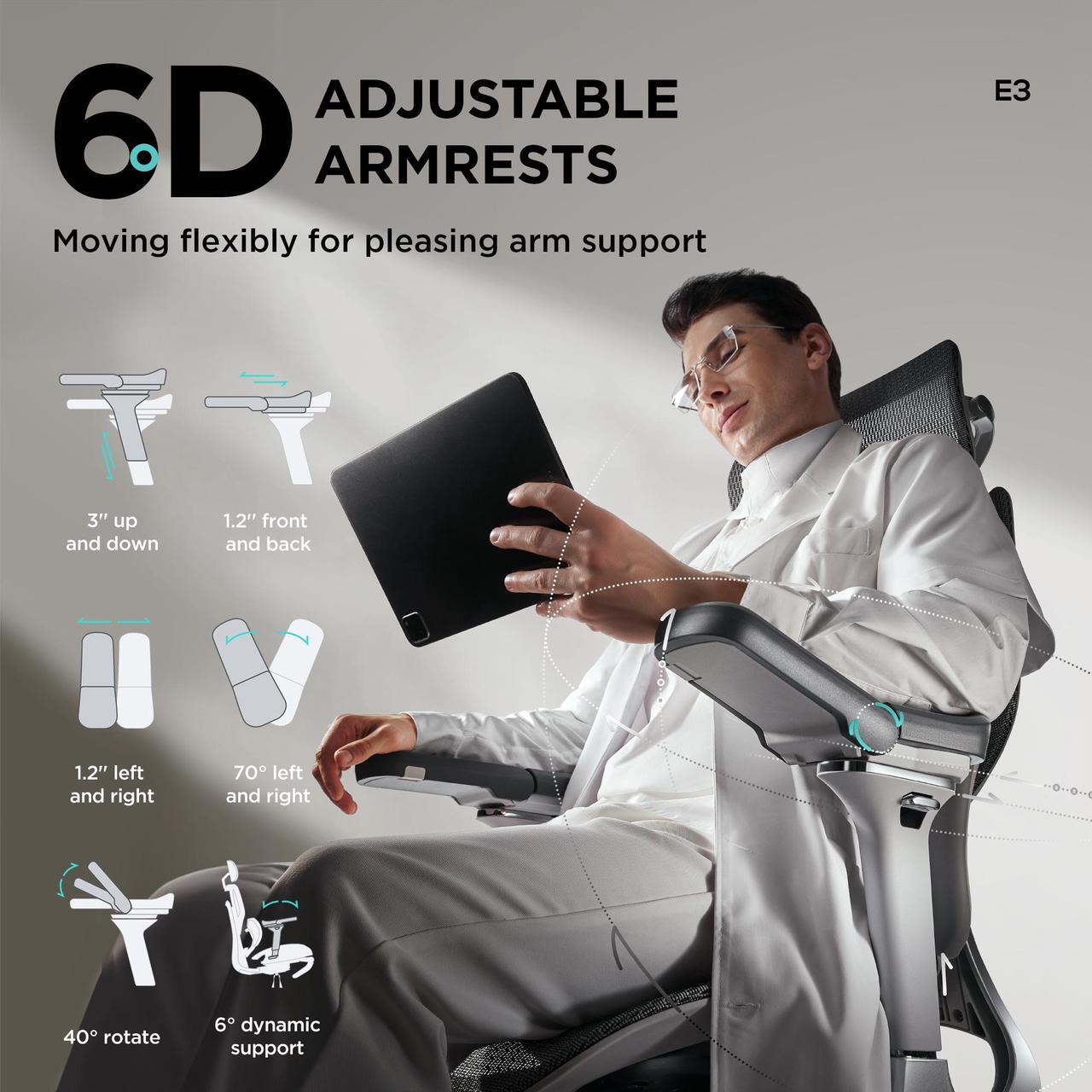 Alt view image 4 of 7 - Hbada E3 Ergonomic Office Chair Pro with Dynamic Lumbar Support, 4D Adjustable Headrest for Home Office Chair, 6D Adjustable Armrests Desk Chair, Swivel Big and Tall Computer Chair, Gray