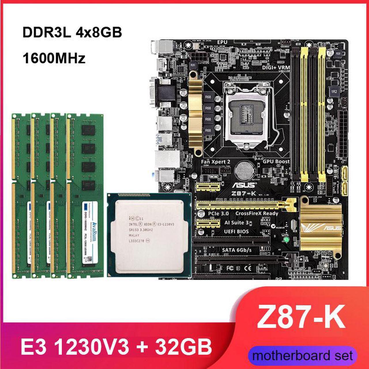 Main image of Asus Z87-K motherboard combo with Xeon E3-1230V3 LGA 1150 CPU 4pcs X 8GB = 32GB 1600MHz DDR3L memory by Avarum Ram