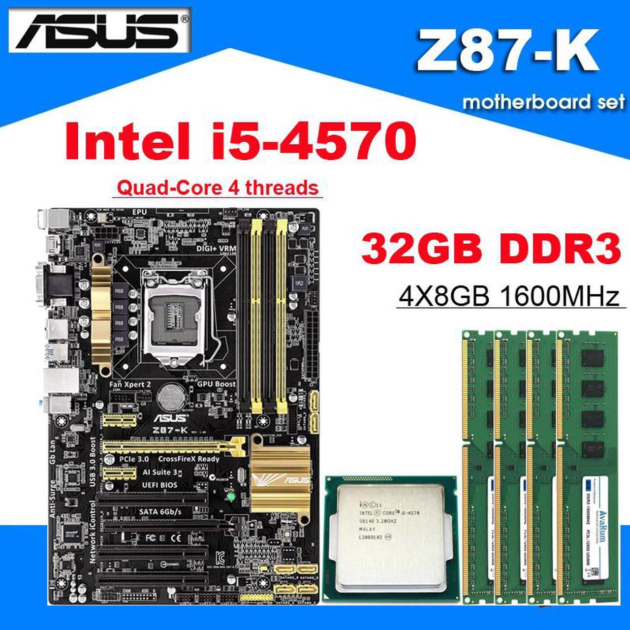 Main image of Asus Z87-K Motherboard Combo Set with Intel Core i5-4570 LGA 1150 CPU 4pcs X 8GB = 32GB 1600MHz DDR3L Memory by Avarum Ram