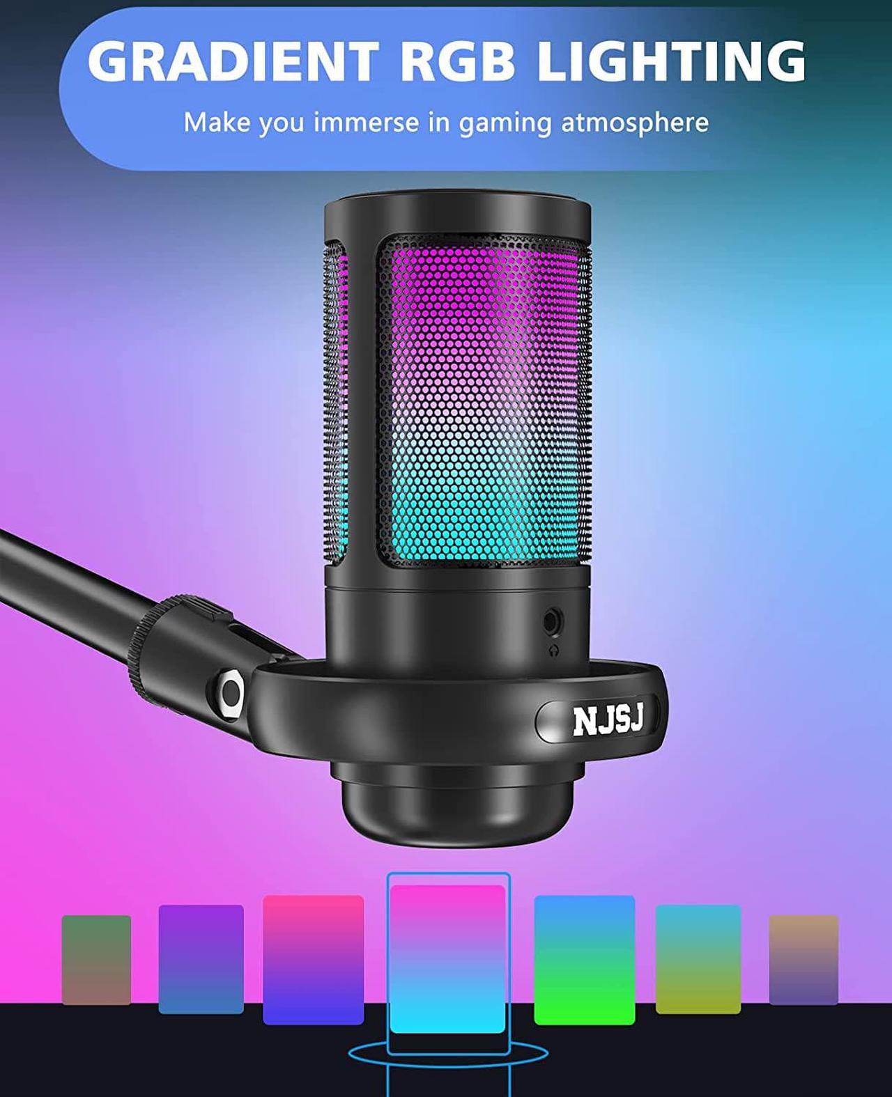 Alt view image 3 of 7 - NJSJ USB Microphone for PC, Gaming Mic for PS4/ PS5/ Mac/Phone,Condenser Microphone with Touch Mute, RGB Lighting,Gain knob & Monitoring Jack for Streaming,Podcasting (with Desktop Stand, Black)