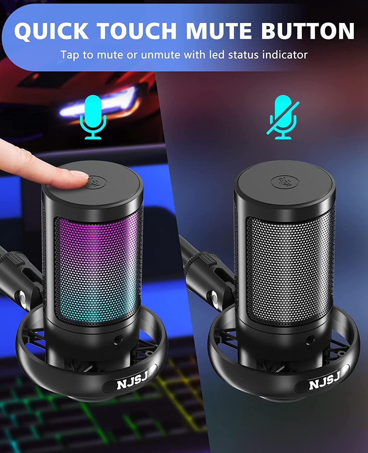 Alt view image 2 of 7 - NJSJ USB Microphone for PC, Gaming Mic for PS4/ PS5/ Mac/Phone,Condenser Microphone with Touch Mute, RGB Lighting,Gain knob & Monitoring Jack for Streaming,Podcasting (with Desktop Stand, Black)