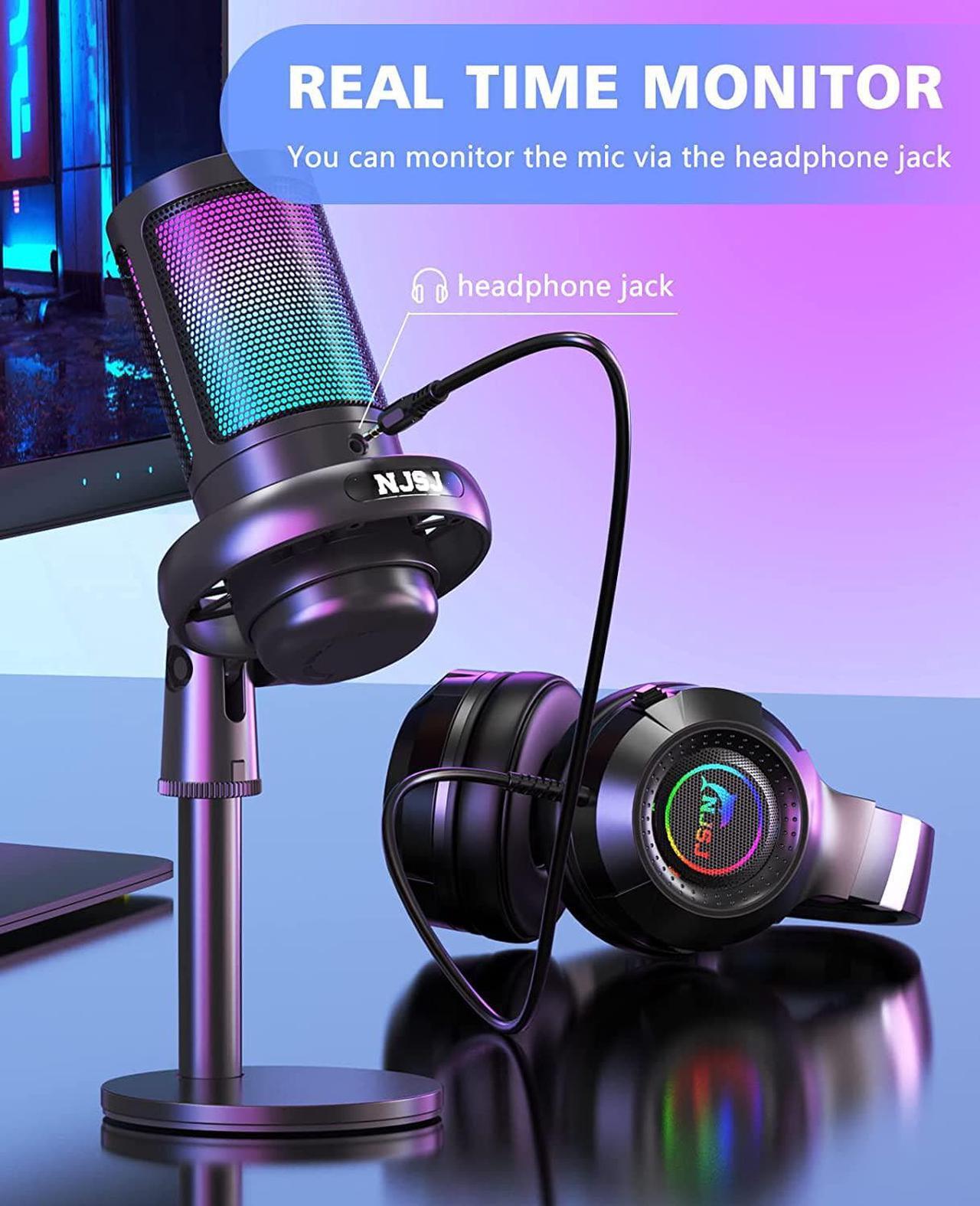 Alt view image 5 of 7 - NJSJ USB Microphone for PC, Gaming Mic for PS4/ PS5/ Mac/Phone,Condenser Microphone with Touch Mute, RGB Lighting,Gain knob & Monitoring Jack for Streaming,Podcasting (with Desktop Stand, Black)
