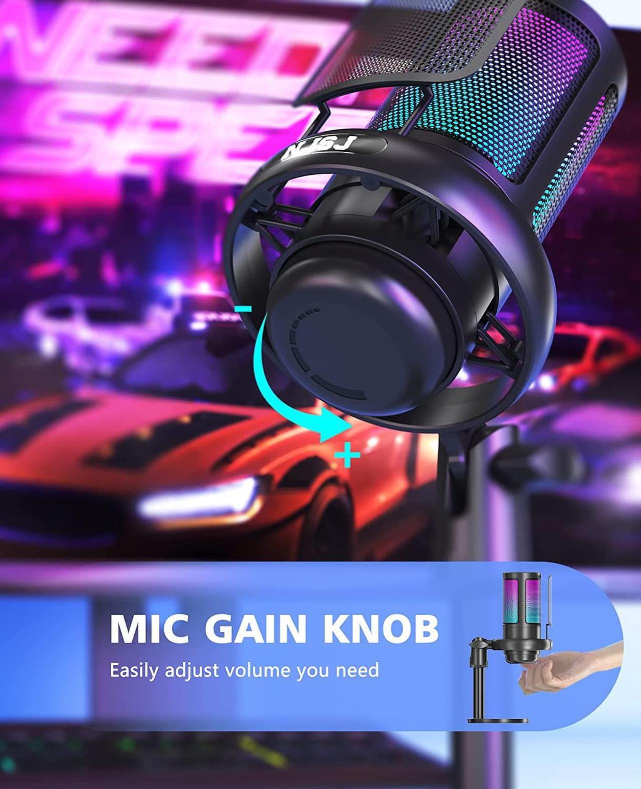 Alt view image 4 of 7 - NJSJ USB Microphone for PC, Gaming Mic for PS4/ PS5/ Mac/Phone,Condenser Microphone with Touch Mute, RGB Lighting,Gain knob & Monitoring Jack for Streaming,Podcasting (with Desktop Stand, Black)