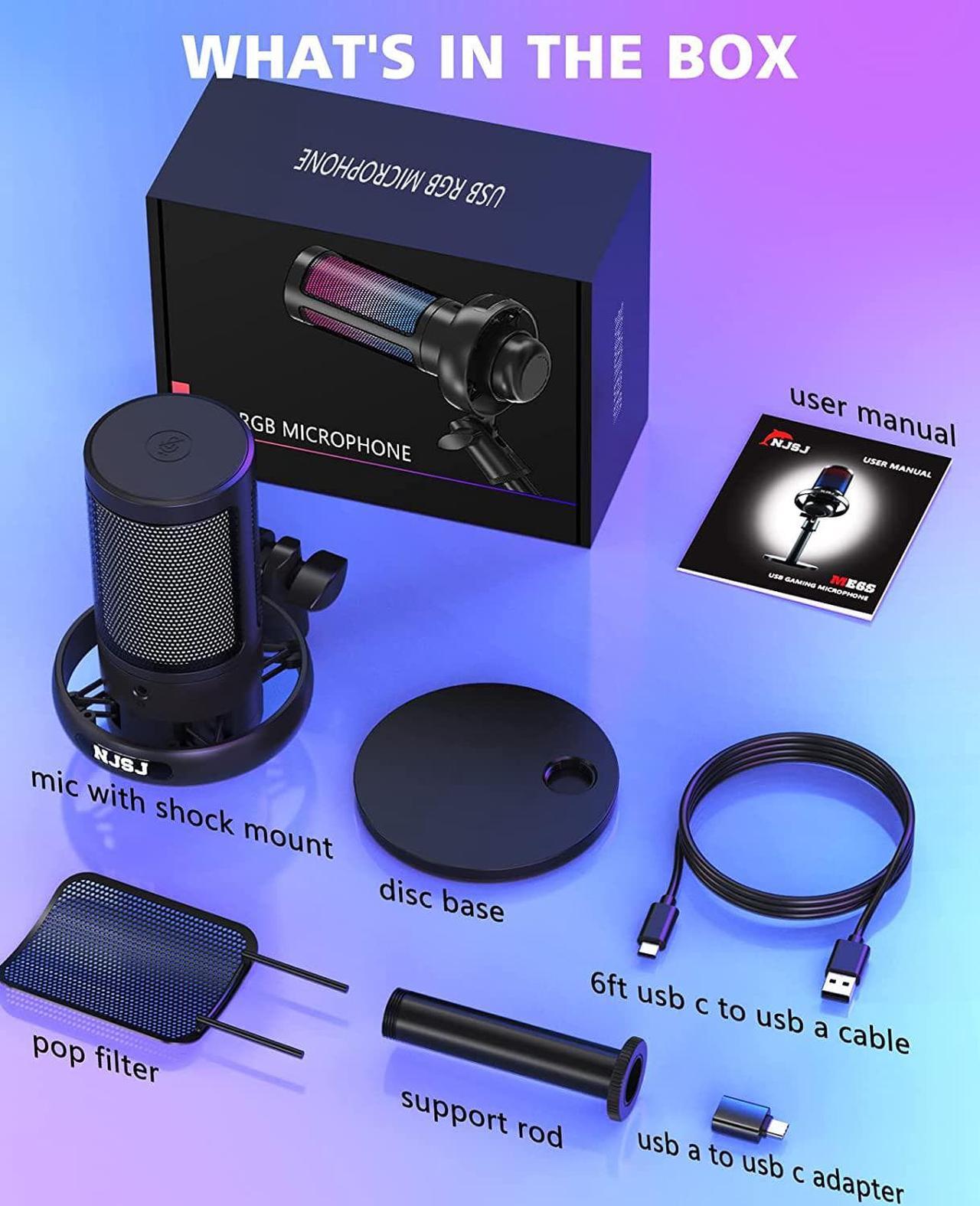 Alt view image 7 of 7 - NJSJ USB Microphone for PC, Gaming Mic for PS4/ PS5/ Mac/Phone,Condenser Microphone with Touch Mute, RGB Lighting,Gain knob & Monitoring Jack for Streaming,Podcasting (with Desktop Stand, Black)
