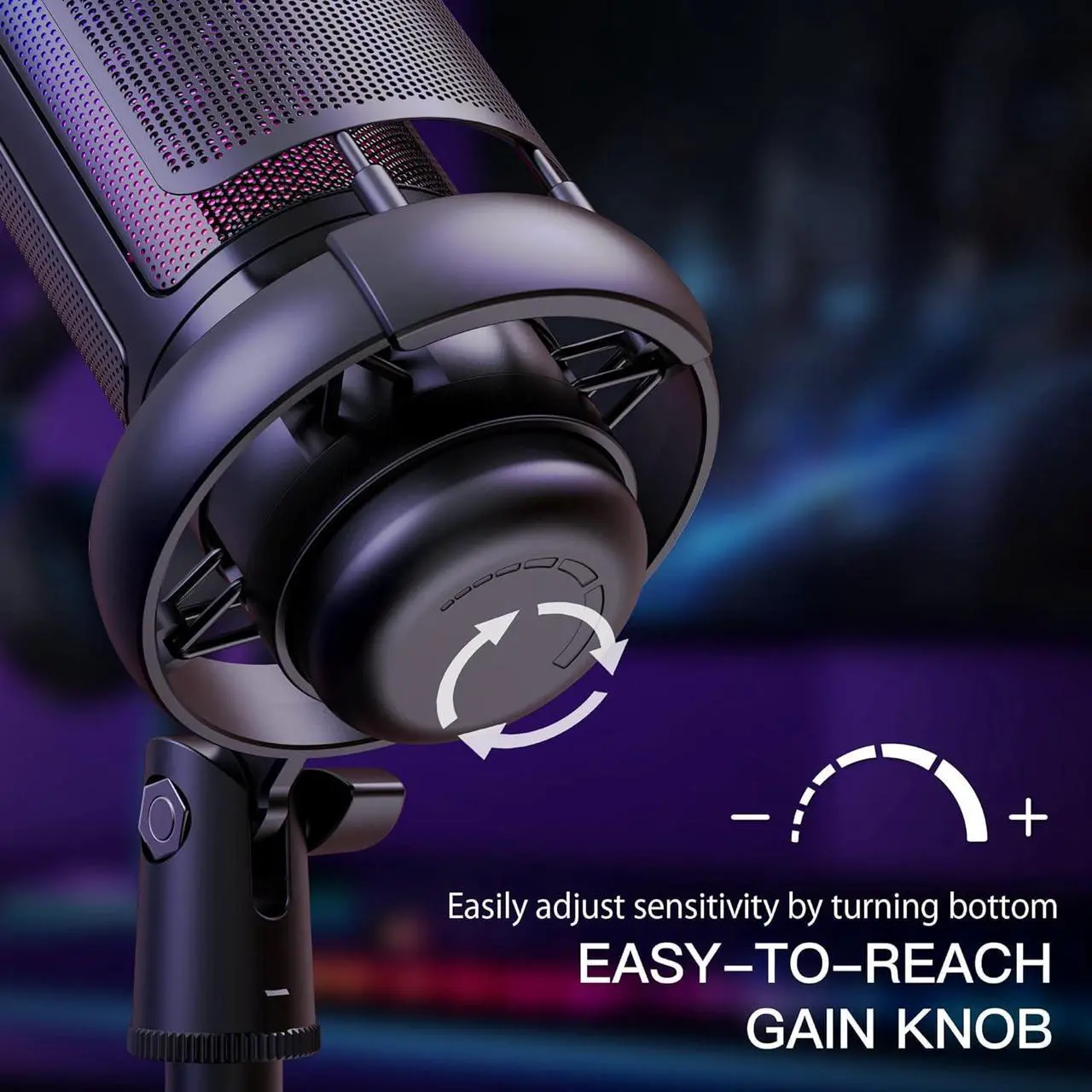 Alt view image 4 of 7 - USB Microphone for PC,Computer Gaming Mic for PS4/ PS5/ Mac,Condenser Mic with Quick Mute,RGB Light,Pop Filter,Shock Mount,Gain knob & Monitoring Jack for Recording,Streaming,Podcasting,YouTube