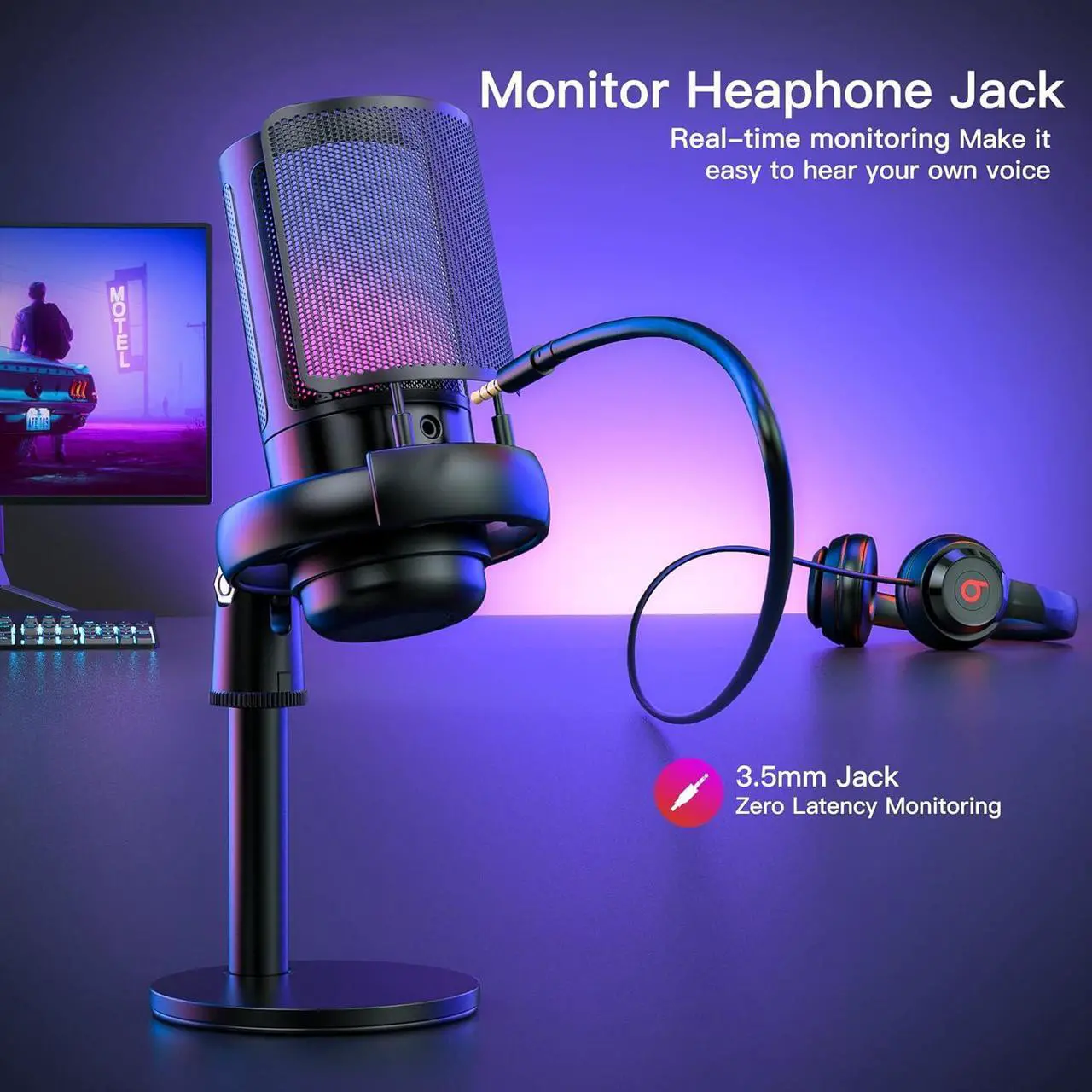 Alt view image 5 of 7 - USB Microphone for PC,Computer Gaming Mic for PS4/ PS5/ Mac,Condenser Mic with Quick Mute,RGB Light,Pop Filter,Shock Mount,Gain knob & Monitoring Jack for Recording,Streaming,Podcasting,YouTube