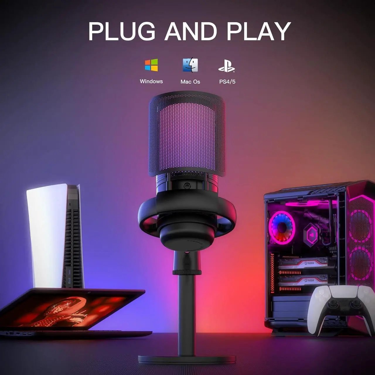 Alt view image 7 of 7 - USB Microphone for PC,Computer Gaming Mic for PS4/ PS5/ Mac,Condenser Mic with Quick Mute,RGB Light,Pop Filter,Shock Mount,Gain knob & Monitoring Jack for Recording,Streaming,Podcasting,YouTube
