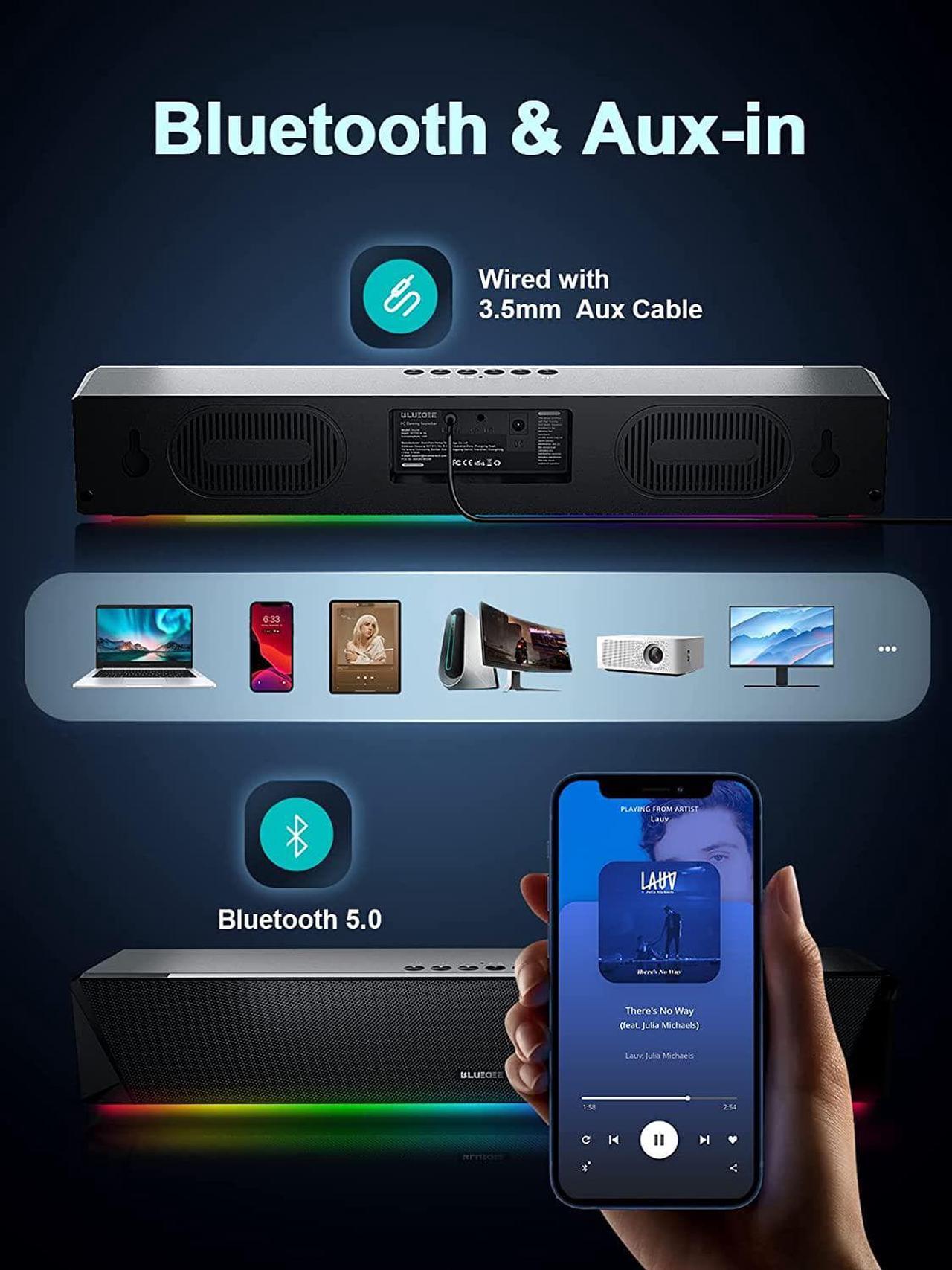 Alt view image 5 of 6 - Computer Speakers, 24W Bluetooth Computer Soundbar, 3.5mm Aux-in Computer Speakers for Desktop Monitor, Computer Sound Bar with Deep Impactful Bass, Gaming Speakers for PC Powered by AC Adapter