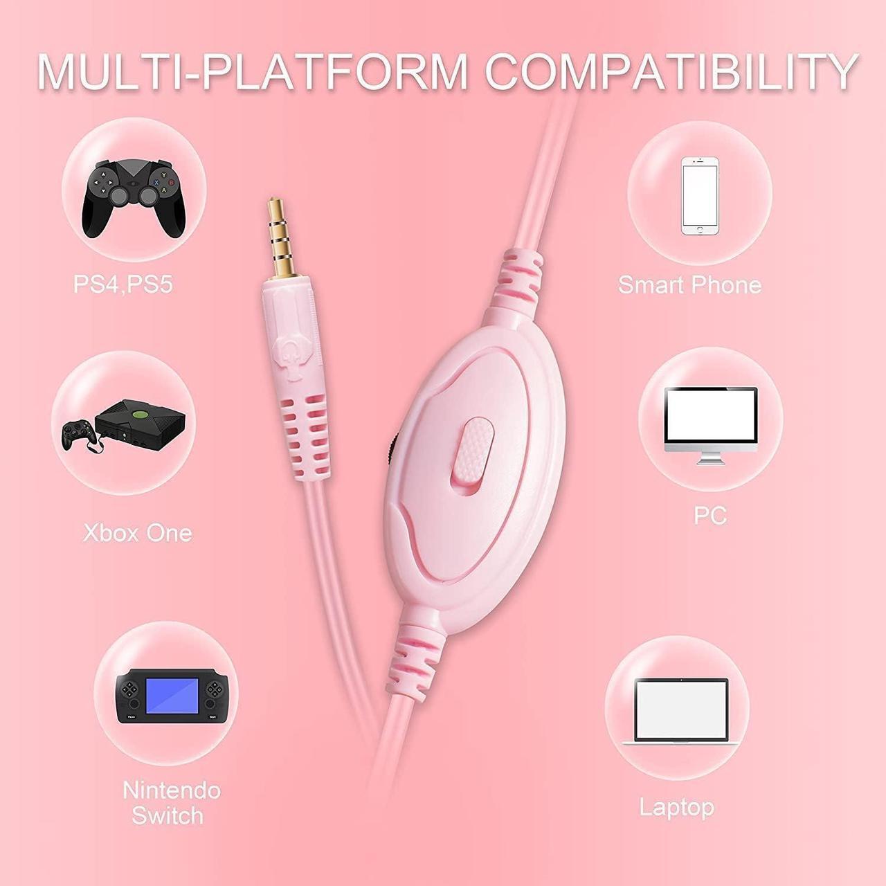 Alt view image 3 of 7 - Pink Gaming Headset for Nintendo Switch, Xbox One, PS4,PS5, Bass Surround and Noise Cancelling with Flexible Mic, 3.5mm Wired Adjustable Over-Ear Headphones for Laptop PC iPad Smartphones