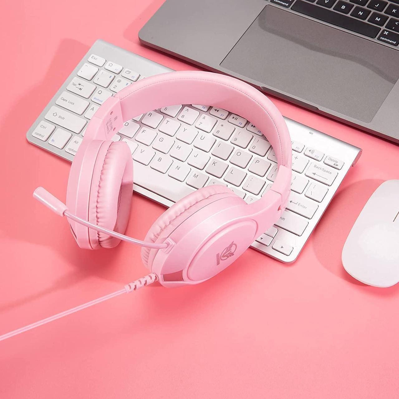 Alt view image 2 of 7 - Pink Gaming Headset for Nintendo Switch, Xbox One, PS4,PS5, Bass Surround and Noise Cancelling with Flexible Mic, 3.5mm Wired Adjustable Over-Ear Headphones for Laptop PC iPad Smartphones