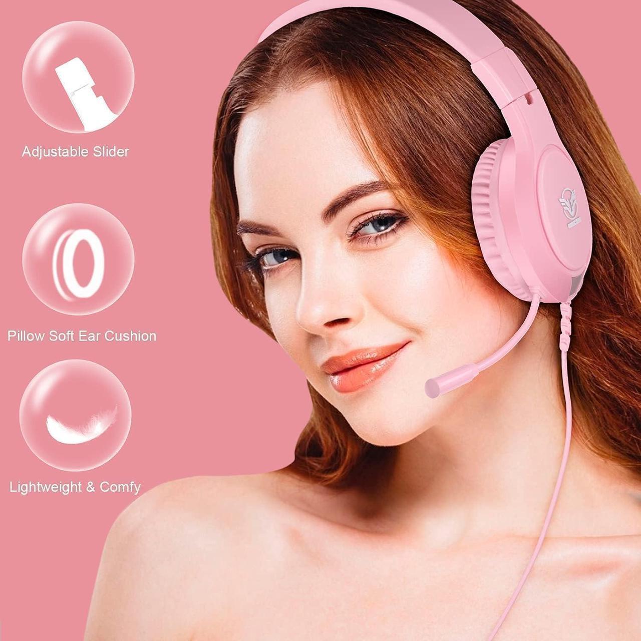 Alt view image 4 of 7 - Pink Gaming Headset for Nintendo Switch, Xbox One, PS4,PS5, Bass Surround and Noise Cancelling with Flexible Mic, 3.5mm Wired Adjustable Over-Ear Headphones for Laptop PC iPad Smartphones