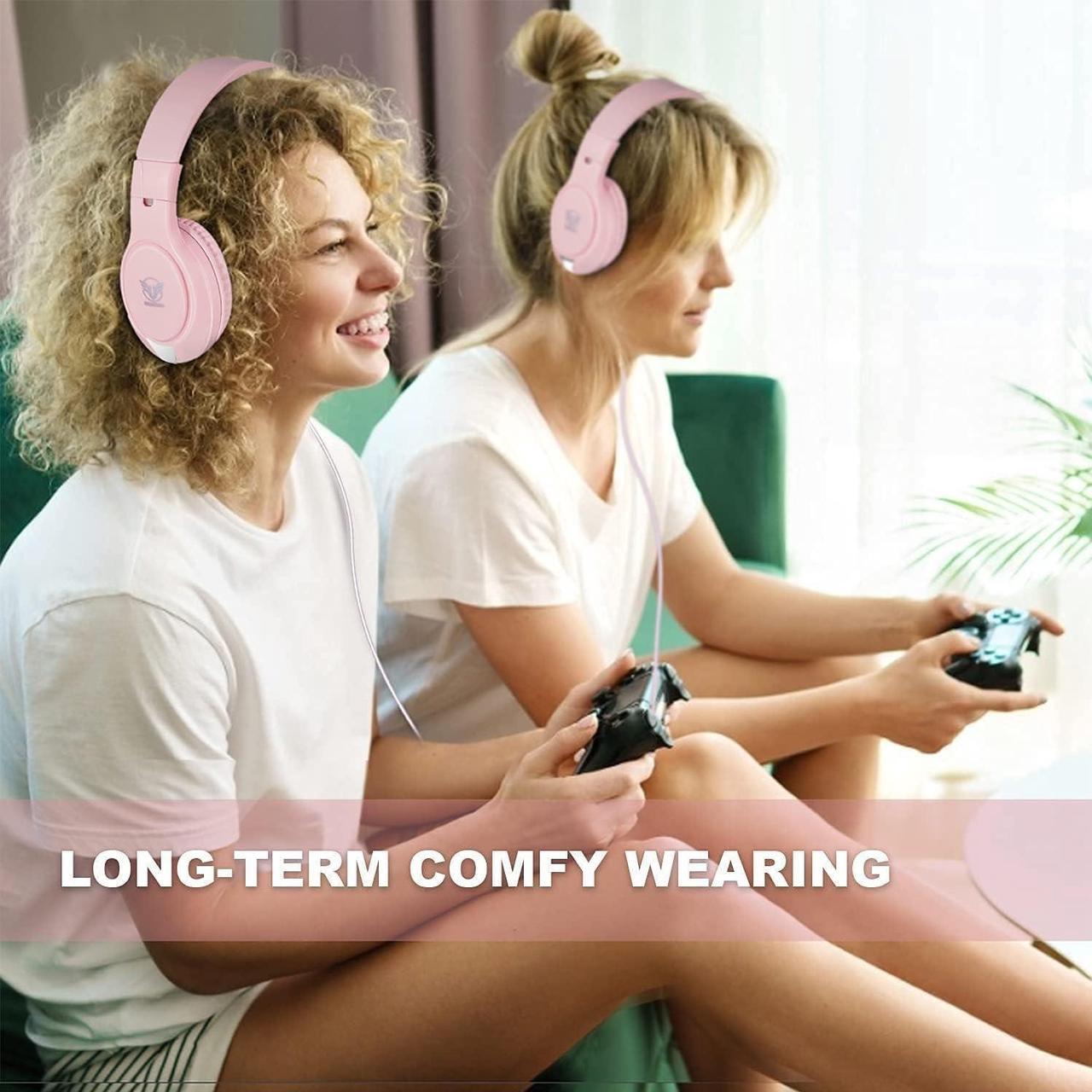 Alt view image 6 of 7 - Pink Gaming Headset for Nintendo Switch, Xbox One, PS4,PS5, Bass Surround and Noise Cancelling with Flexible Mic, 3.5mm Wired Adjustable Over-Ear Headphones for Laptop PC iPad Smartphones