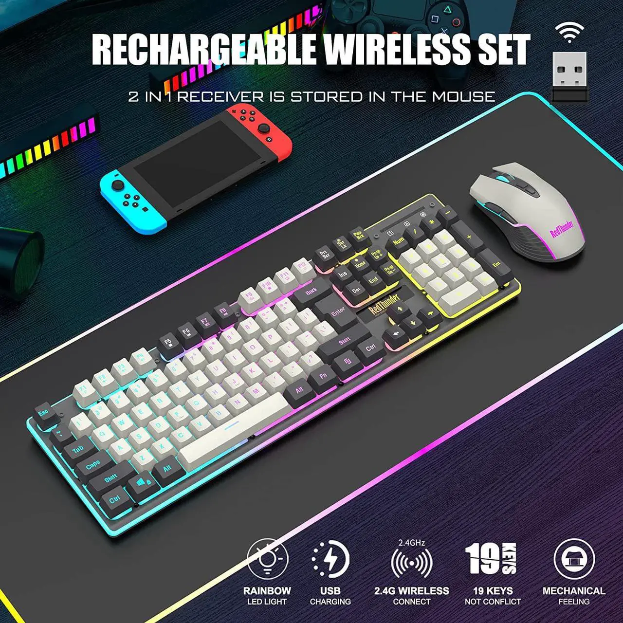 Alt view image 2 of 7 - RedThunder K10 Wireless Gaming Keyboard and Mouse Combo, LED Backlit Rechargeable 3800mAh Battery, Mechanical Feel Anti-ghosting Keyboard + 7D 3200DPI Mice for PC Gamer (White-Gray)