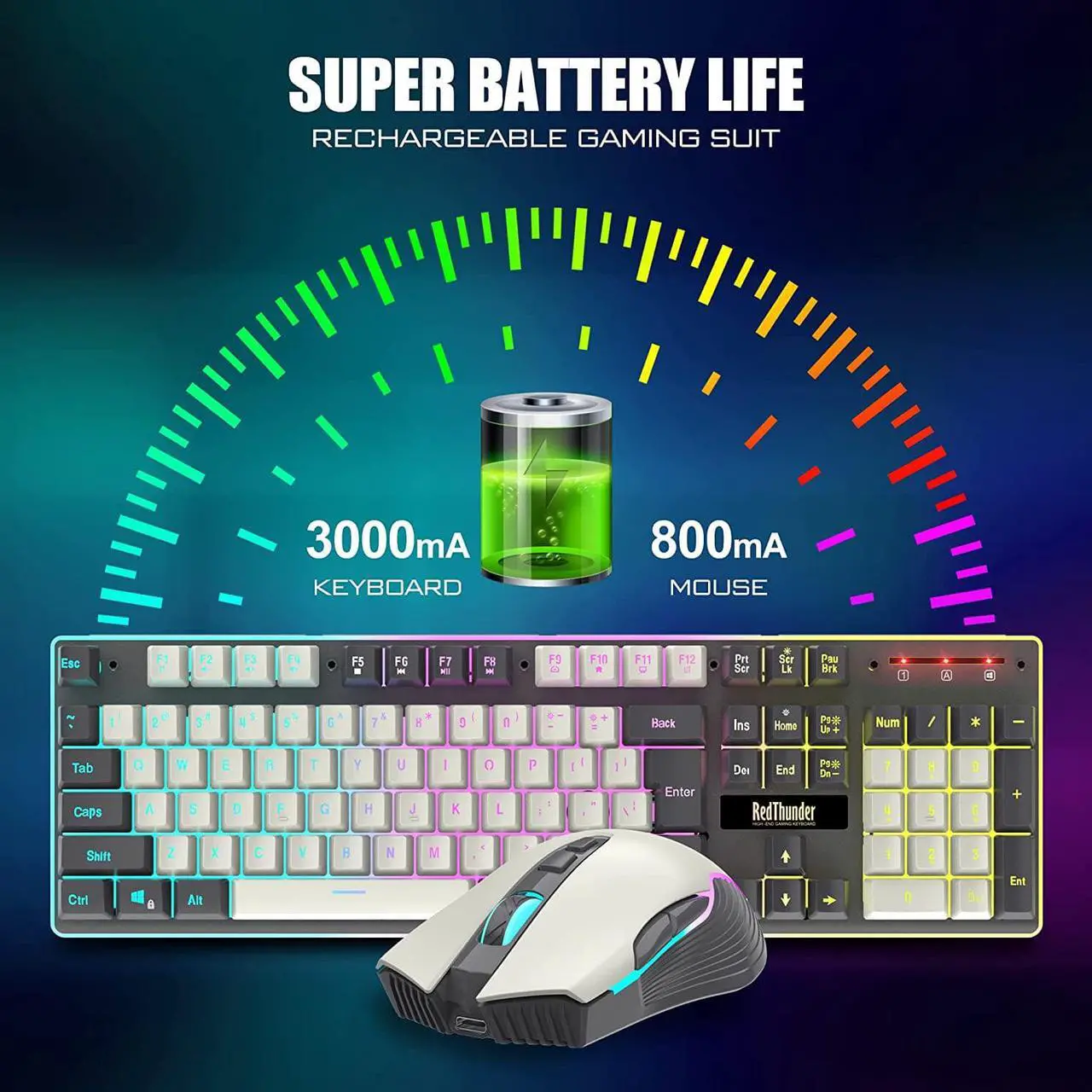 Alt view image 3 of 7 - RedThunder K10 Wireless Gaming Keyboard and Mouse Combo, LED Backlit Rechargeable 3800mAh Battery, Mechanical Feel Anti-ghosting Keyboard + 7D 3200DPI Mice for PC Gamer (White-Gray)