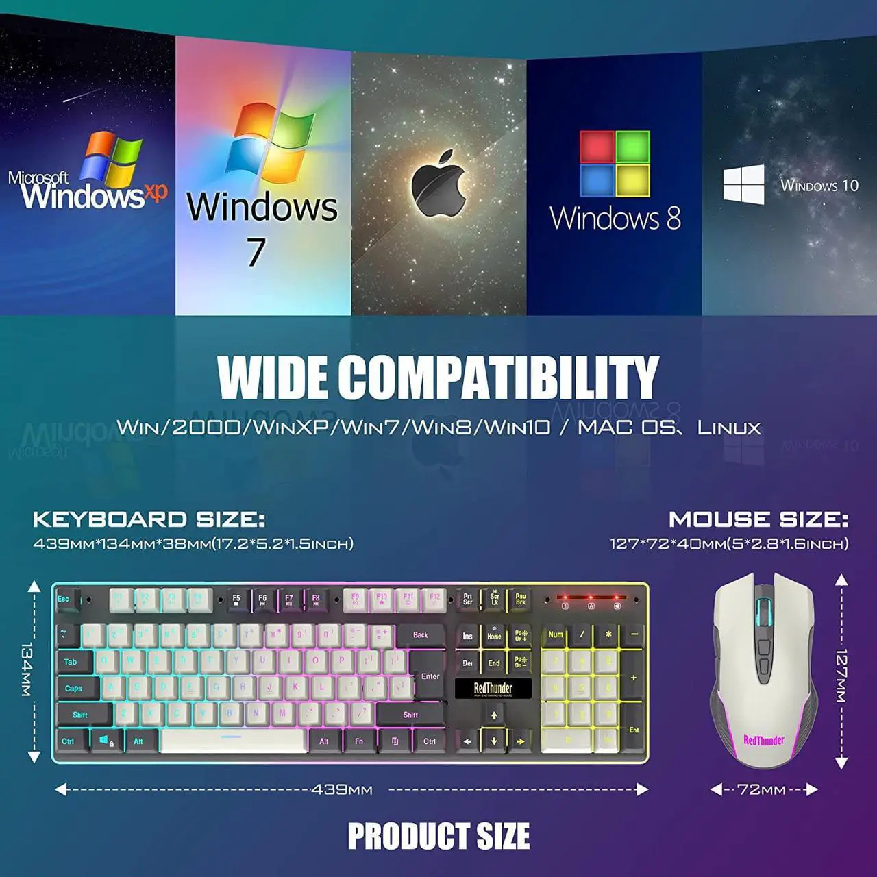 Alt view image 7 of 7 - RedThunder K10 Wireless Gaming Keyboard and Mouse Combo, LED Backlit Rechargeable 3800mAh Battery, Mechanical Feel Anti-ghosting Keyboard + 7D 3200DPI Mice for PC Gamer (White-Gray)