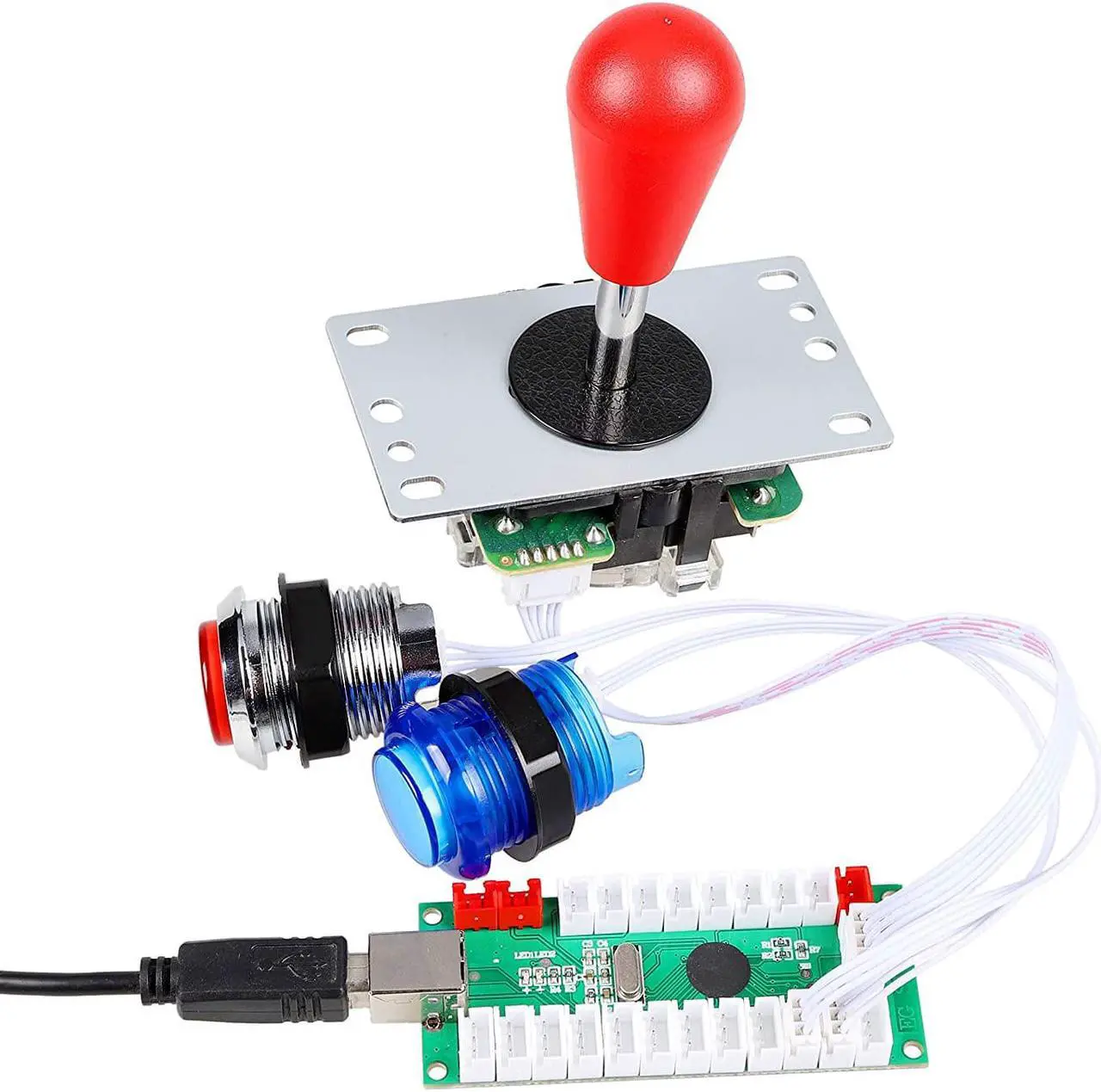 Alt view image 6 of 7 - EG STARTS 2 Player Arcade Games DIY Kit Parts 2 Ellipse Oval Joystick Handles + 20 LED lit Arcade Buttons (Red & Blue Kit)
