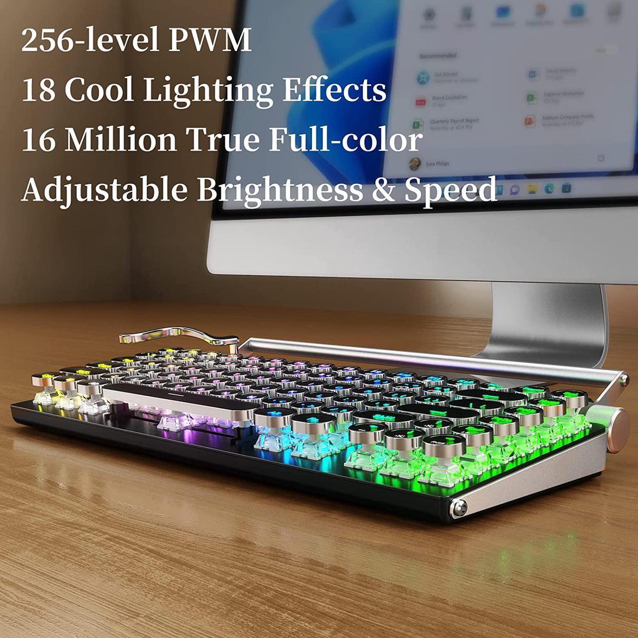 Alt view image 3 of 7 - Typewriter Mechanical Keyboard,RGB Backlit,2.4G/BT5.0/Wired Retro Vintage Keyboard,83 Keys Clicky Blue Switch Punk Round Keycaps,Muti-Device Keyboard with Cradle for Mac OS/iOS/Windows/Android