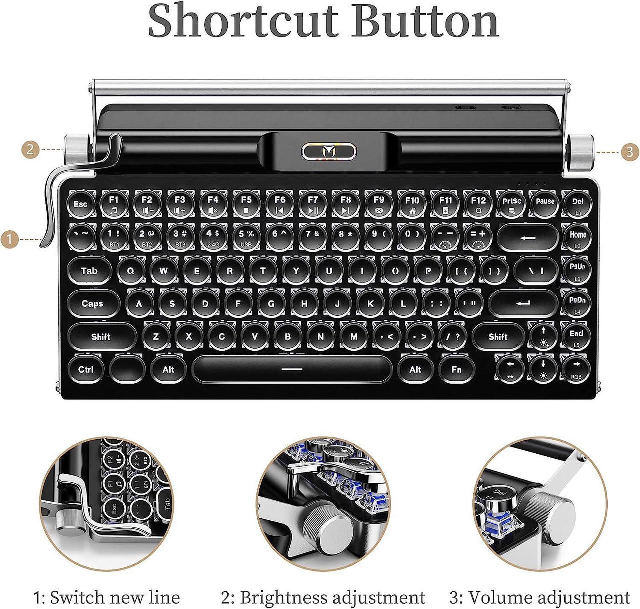 Alt view image 5 of 7 - Typewriter Mechanical Keyboard,RGB Backlit,2.4G/BT5.0/Wired Retro Vintage Keyboard,83 Keys Clicky Blue Switch Punk Round Keycaps,Muti-Device Keyboard with Cradle for Mac OS/iOS/Windows/Android