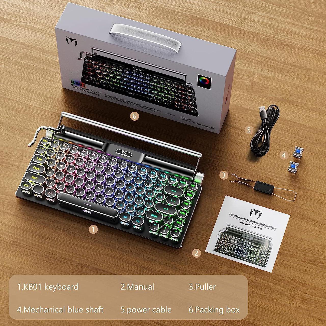 Alt view image 7 of 7 - Typewriter Mechanical Keyboard,RGB Backlit,2.4G/BT5.0/Wired Retro Vintage Keyboard,83 Keys Clicky Blue Switch Punk Round Keycaps,Muti-Device Keyboard with Cradle for Mac OS/iOS/Windows/Android