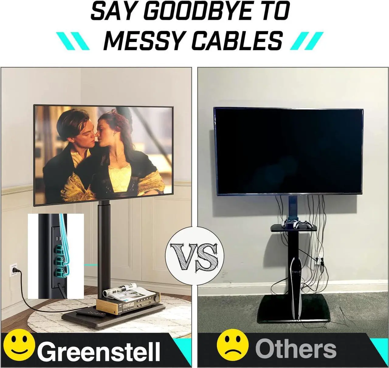 Alt view image 4 of 7 - Greenstell TV Stand with Power Outlet, Universal Floor TV Stand for 32-75 inch TVs, Height Adjustable, Swivel Tall TV Stand with Wood Base, Holds up to 110 LBs, Max VESA 600x400mm