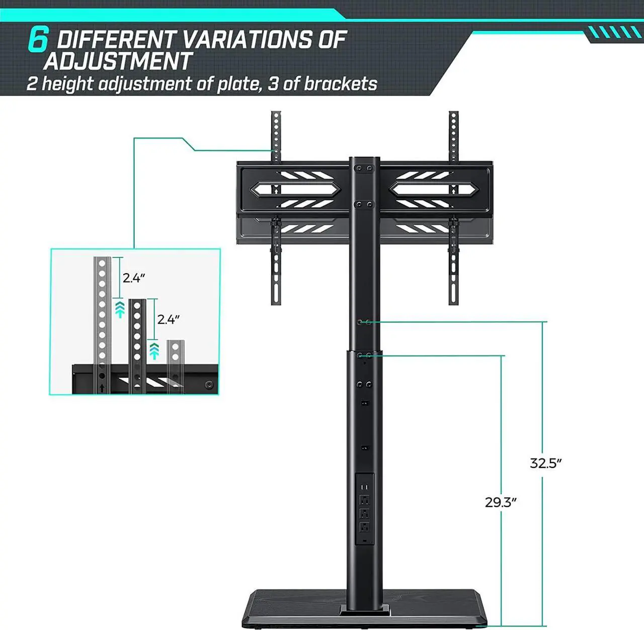 Alt view image 7 of 7 - Greenstell TV Stand with Power Outlet, Universal Floor TV Stand for 32-75 inch TVs, Height Adjustable, Swivel Tall TV Stand with Wood Base, Holds up to 110 LBs, Max VESA 600x400mm