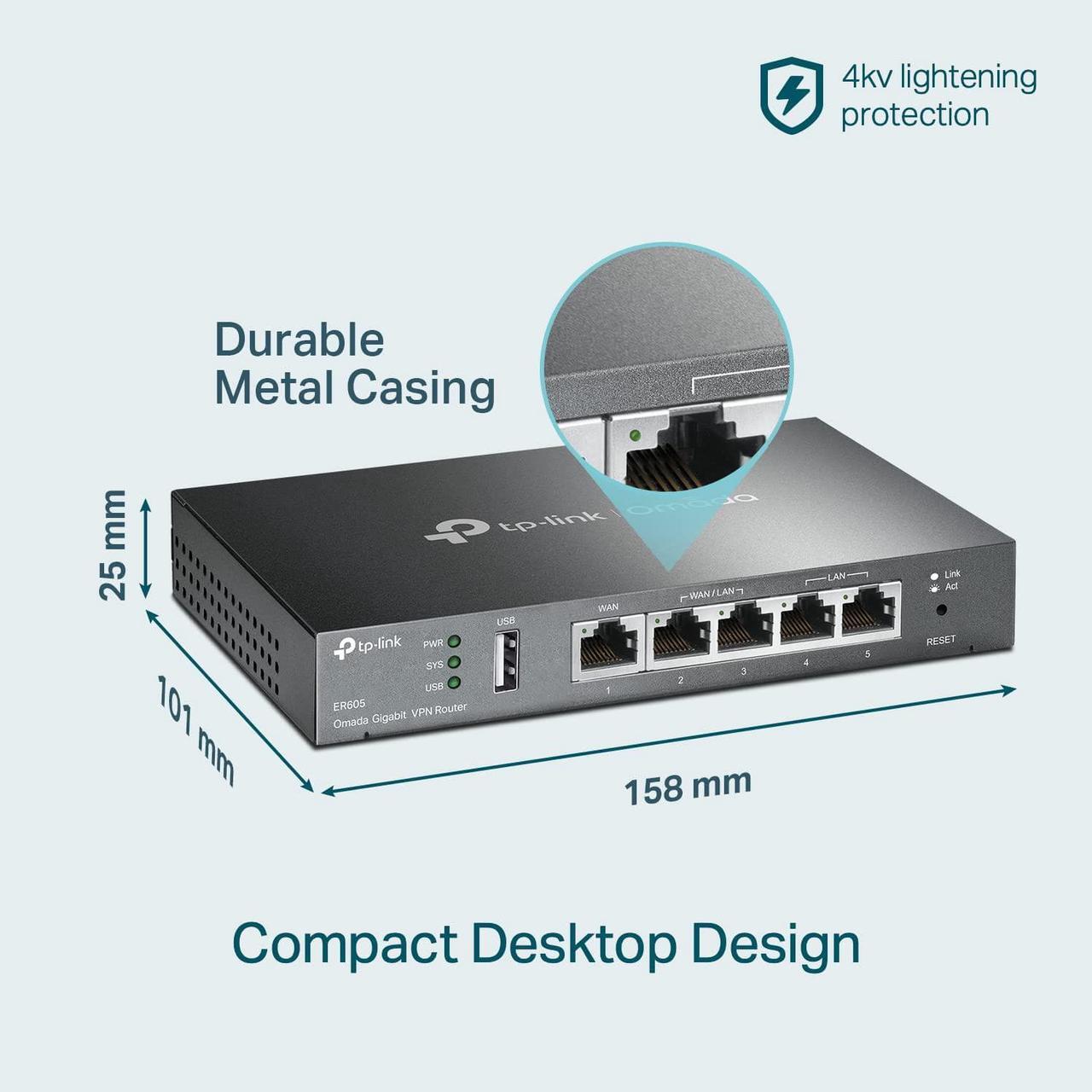 Alt view image 6 of 6 - TP-Link ER605 V2 Wired Gigabit VPN Router, Up to 3 WAN Ethernet Ports + 1 USB WAN, SPI Firewall SMB Router, Omada SDN Integrated, Load Balance, Lightning Protection
