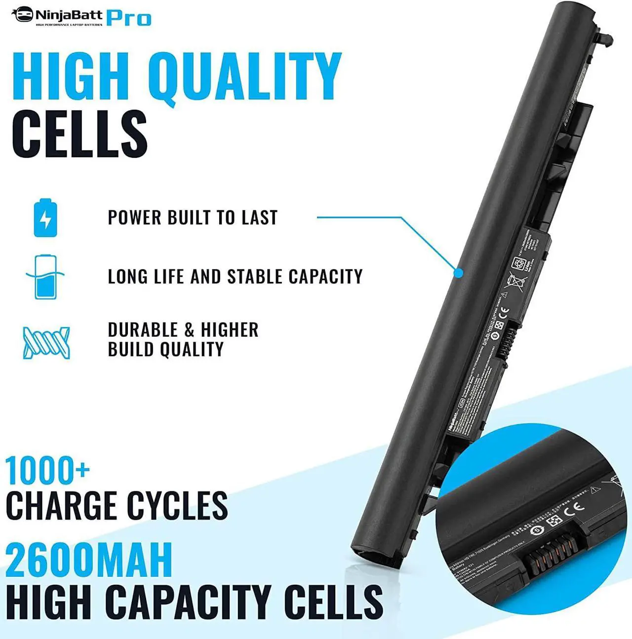 Alt view image 2 of 7 - NinjaBatt Pro Battery for HP 919700-850 JC03 15-BS015DX 15-BS113DX 250 G6 17-BS011DX 15-BW011DX 15-BS013DX JC04 15-BS115DX 15-BS012DS JCO3 JCO4 255 G6 919701-850 - Premium Cells [2600mAh/14.8V]