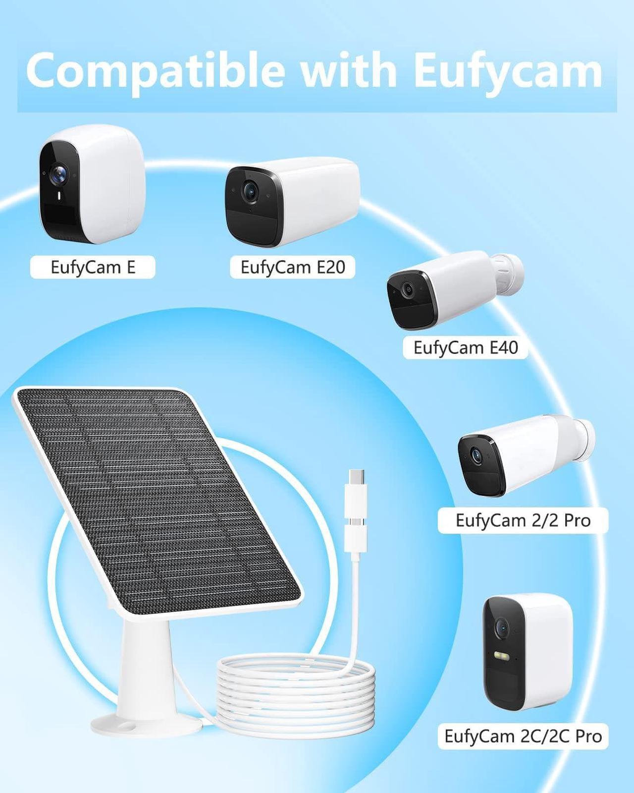 Alt view image 3 of 7 - Solar Panel Charger Compatible with Eufycam 3/3C/2C/2C Pro/E40/E20/2/2 Pro/E/L20/L40/Solo/SoloCam Spotlight, 5W Solar Panel for Eufy Camera, Micro USB & USB-C Port, 9.8ft Cable, P65 Waterproof, 4 Pack