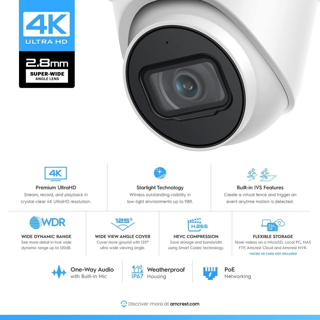 Alt view image 2 of 7 - Amcrest UltraHD 4K (8MP) Outdoor Security IP Turret PoE Camera, 3840x2160, 98ft NightVision, 2.8mm Lens, IP67 Weatherproof, MicroSD Recording (256GB), White