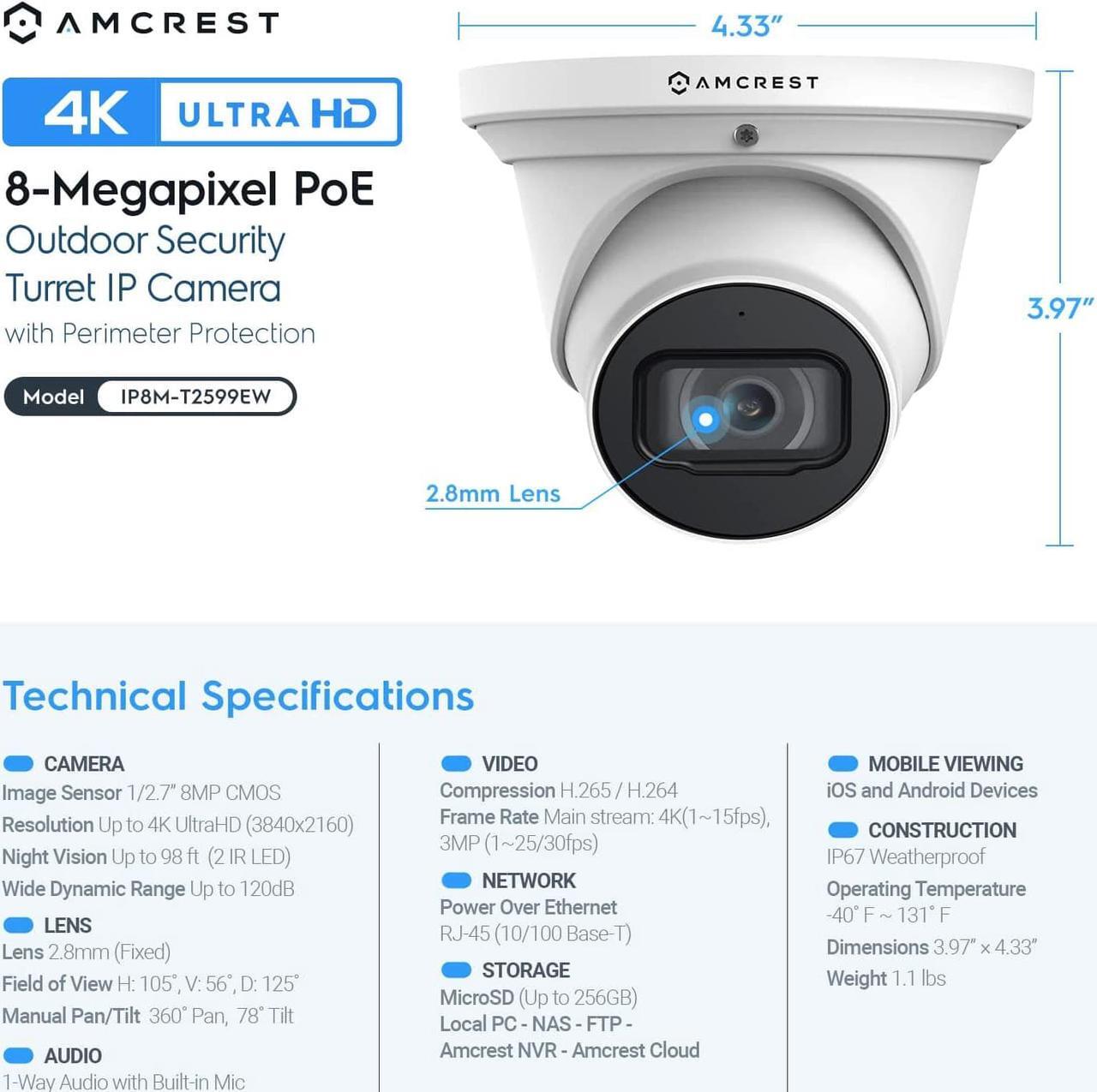 Alt view image 7 of 7 - Amcrest UltraHD 4K (8MP) Outdoor Security IP Turret PoE Camera, 3840x2160, 98ft NightVision, 2.8mm Lens, IP67 Weatherproof, MicroSD Recording (256GB), White