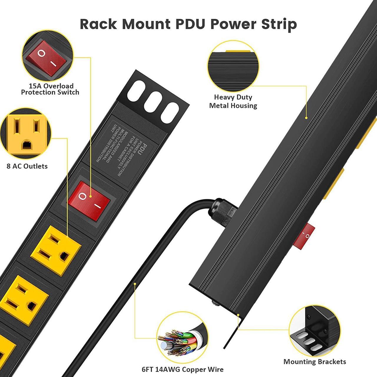 Alt view image 2 of 7 - 10 Outlet PDU Power Strip Surge Protector, 1U Rack Mount Power Strip 10 LED Independent Switch 6FT Power Cord, for Network Server Racks Data Centers, Black