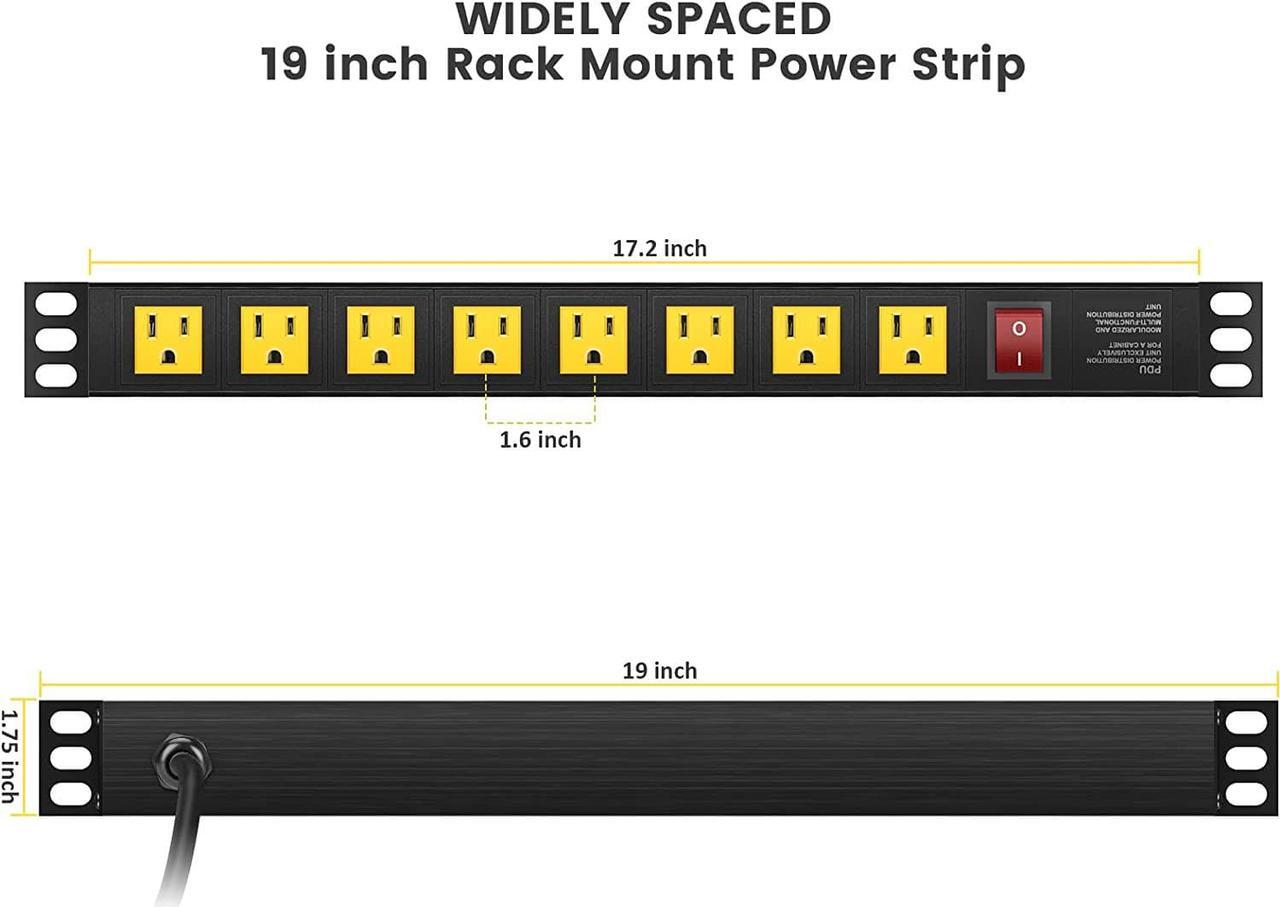 Alt view image 3 of 7 - 10 Outlet PDU Power Strip Surge Protector, 1U Rack Mount Power Strip 10 LED Independent Switch 6FT Power Cord, for Network Server Racks Data Centers, Black