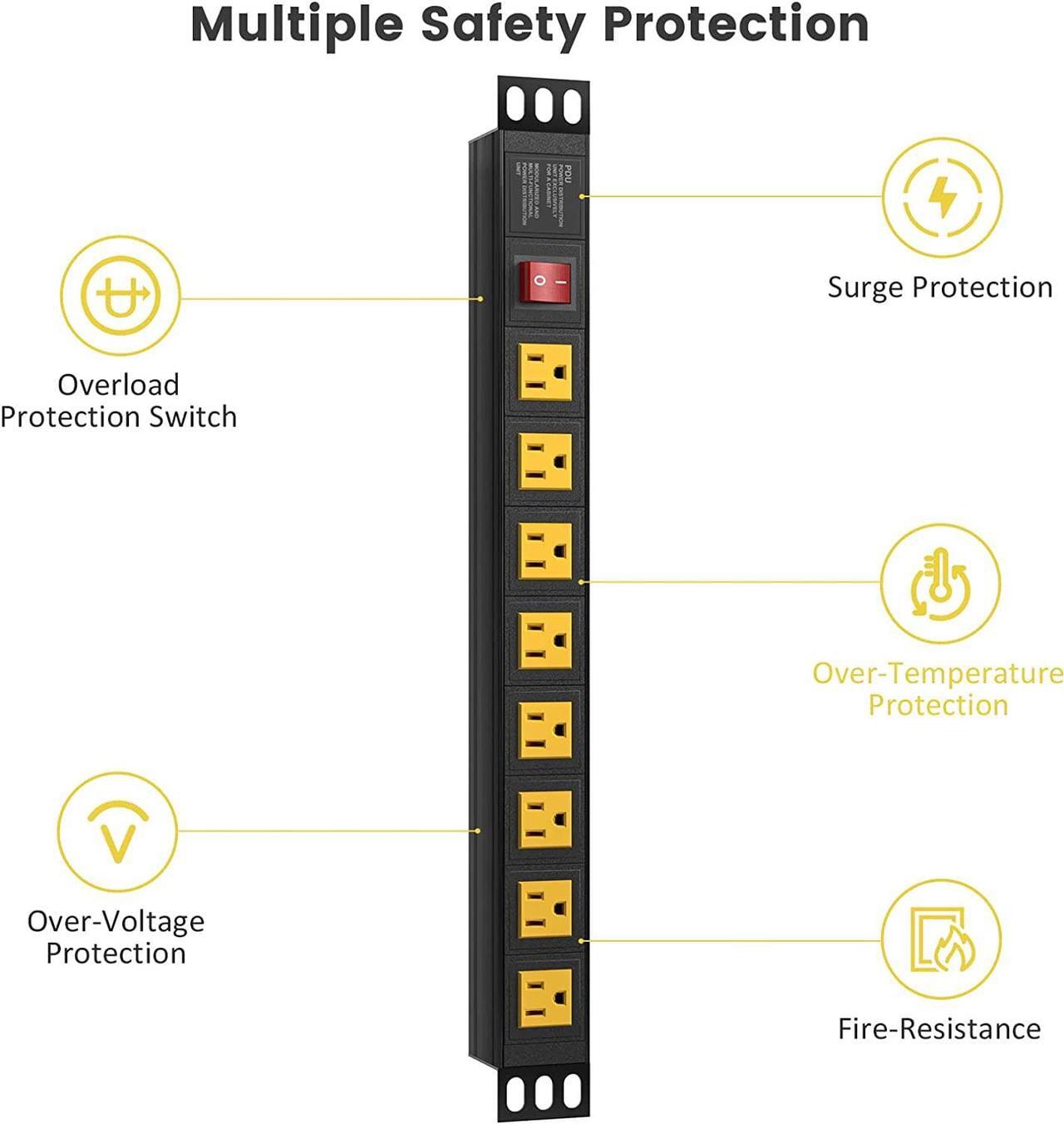 Alt view image 7 of 7 - 10 Outlet PDU Power Strip Surge Protector, 1U Rack Mount Power Strip 10 LED Independent Switch 6FT Power Cord, for Network Server Racks Data Centers, Black