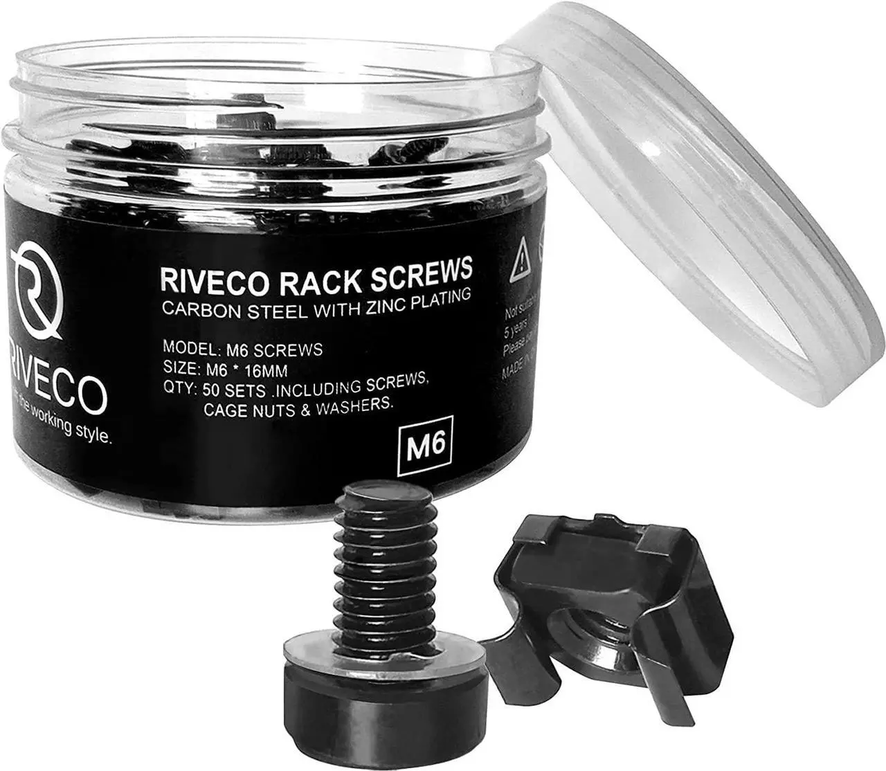 Main image of RIVECO Rack Screws & Cage Nuts for Server Cabinets & Racks Mounting Network Equipment Clip Nuts 50 Sets M6 x 16mm Black