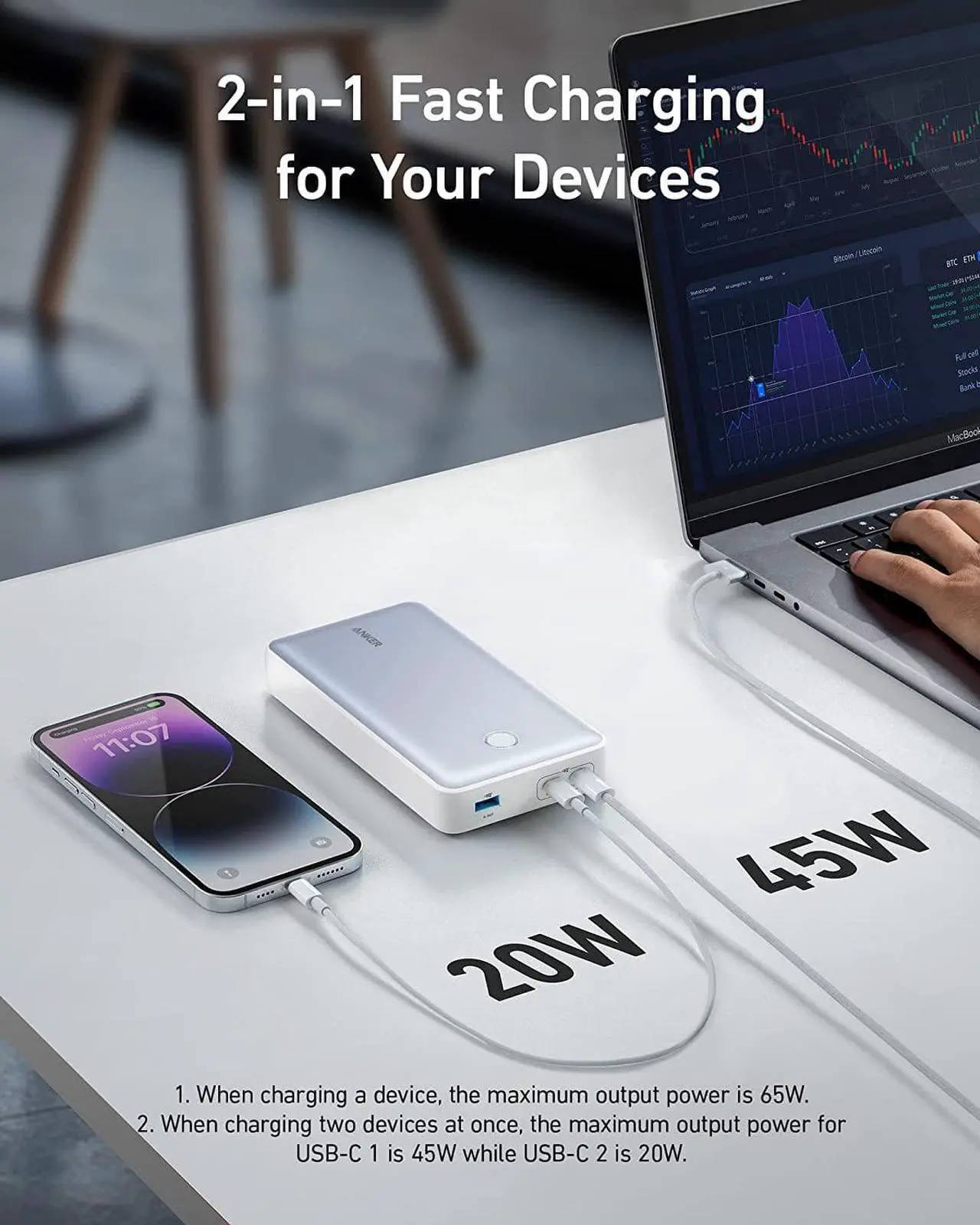 Alt view image 2 of 6 - Anker Portable Charger, 24,000mAh 65W Power Bank, 537 Power Bank (PowerCore 24K for Laptop), for MacBook Pro, Microsoft Surface, iPad Pro, iPhone 14 Pro, Apple Watch Series 5, and More