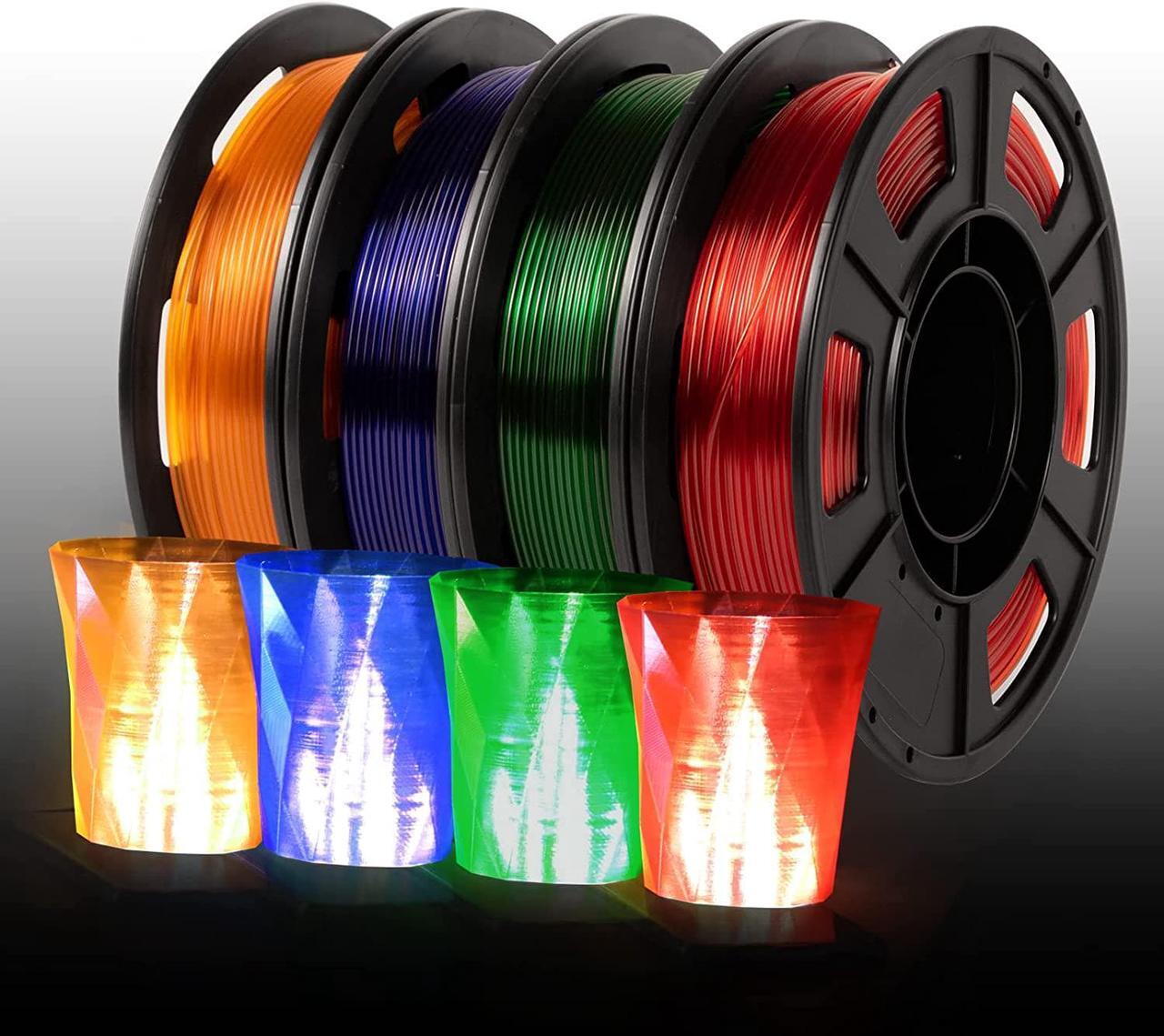Main image of 3D Printer Filament Bundle, High Speed PETG Filament for 50-600mm/s, Multicolor Transparent Filament Clear PETG Filament 1.75mm, 250g x 4 Spools(1kg), Orange/Blue/Green/Red